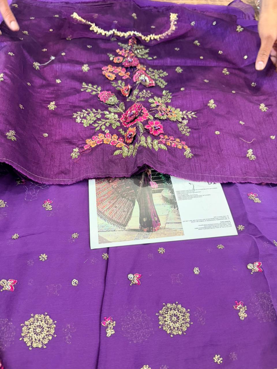 Maria B Plum Chiffon Saree | Hand-Embellished 3D Floral Edition