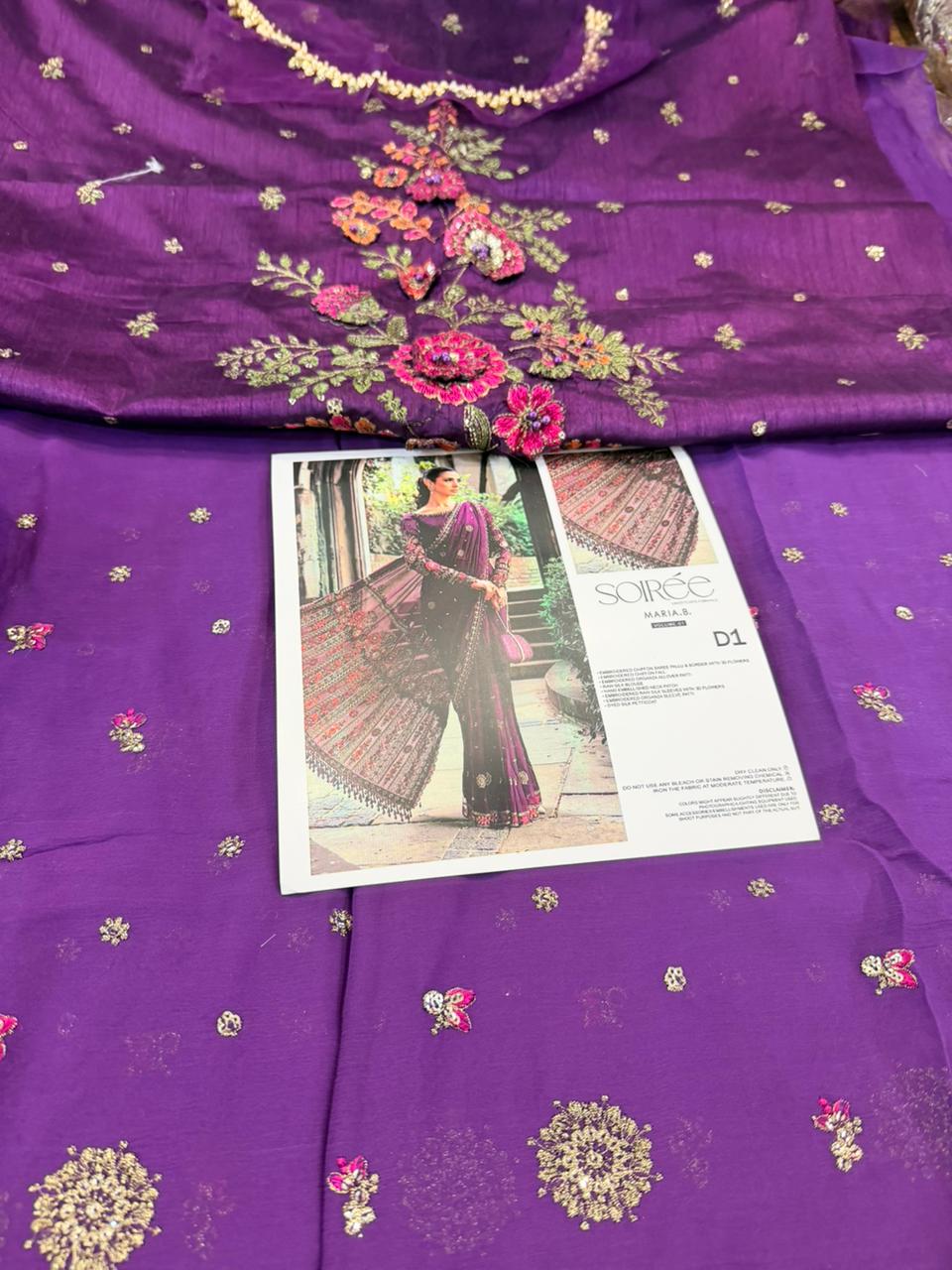 Maria B Plum Chiffon Saree | Hand-Embellished 3D Floral Edition