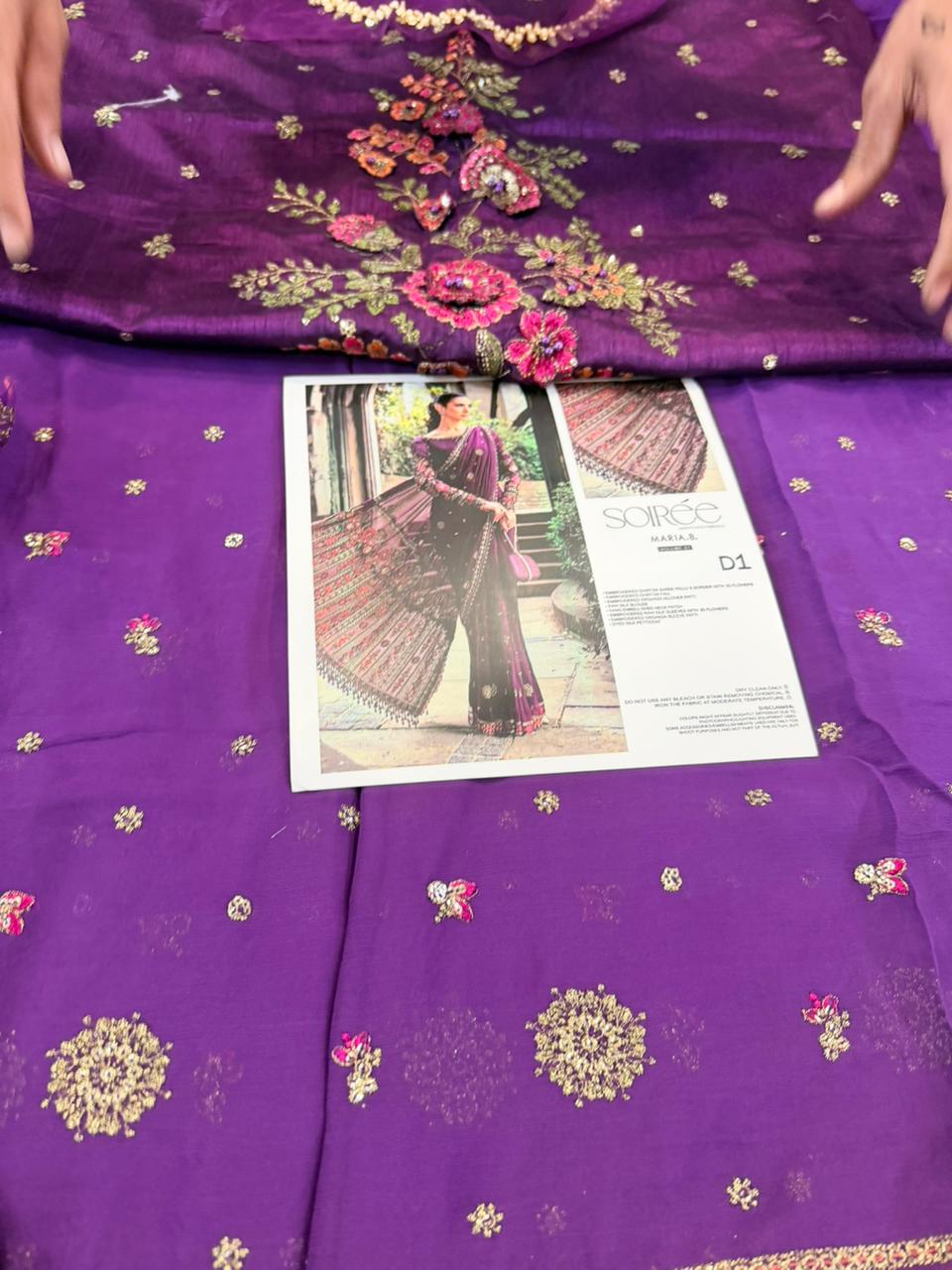 Maria B Plum Chiffon Saree | Hand-Embellished 3D Floral Edition