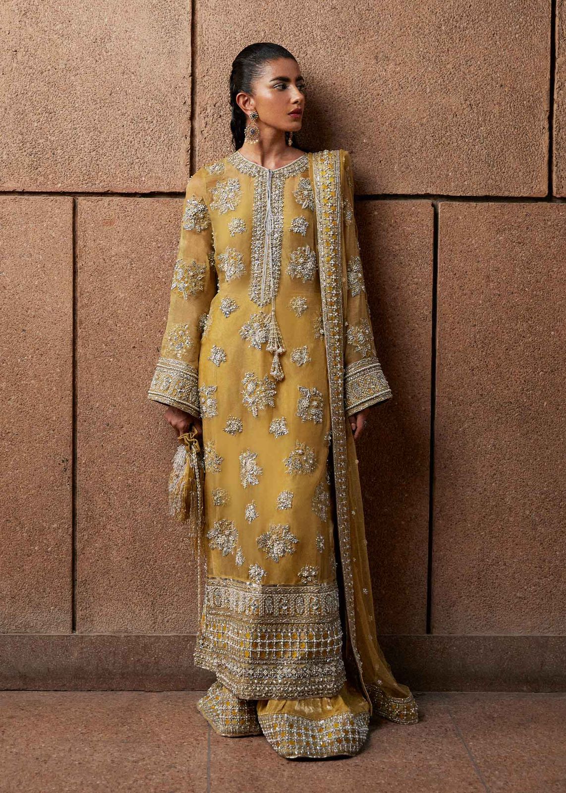 Hussain Rehar Lime Yellow Organza Festive Suit | Heavy Handwork Mehndi Edition