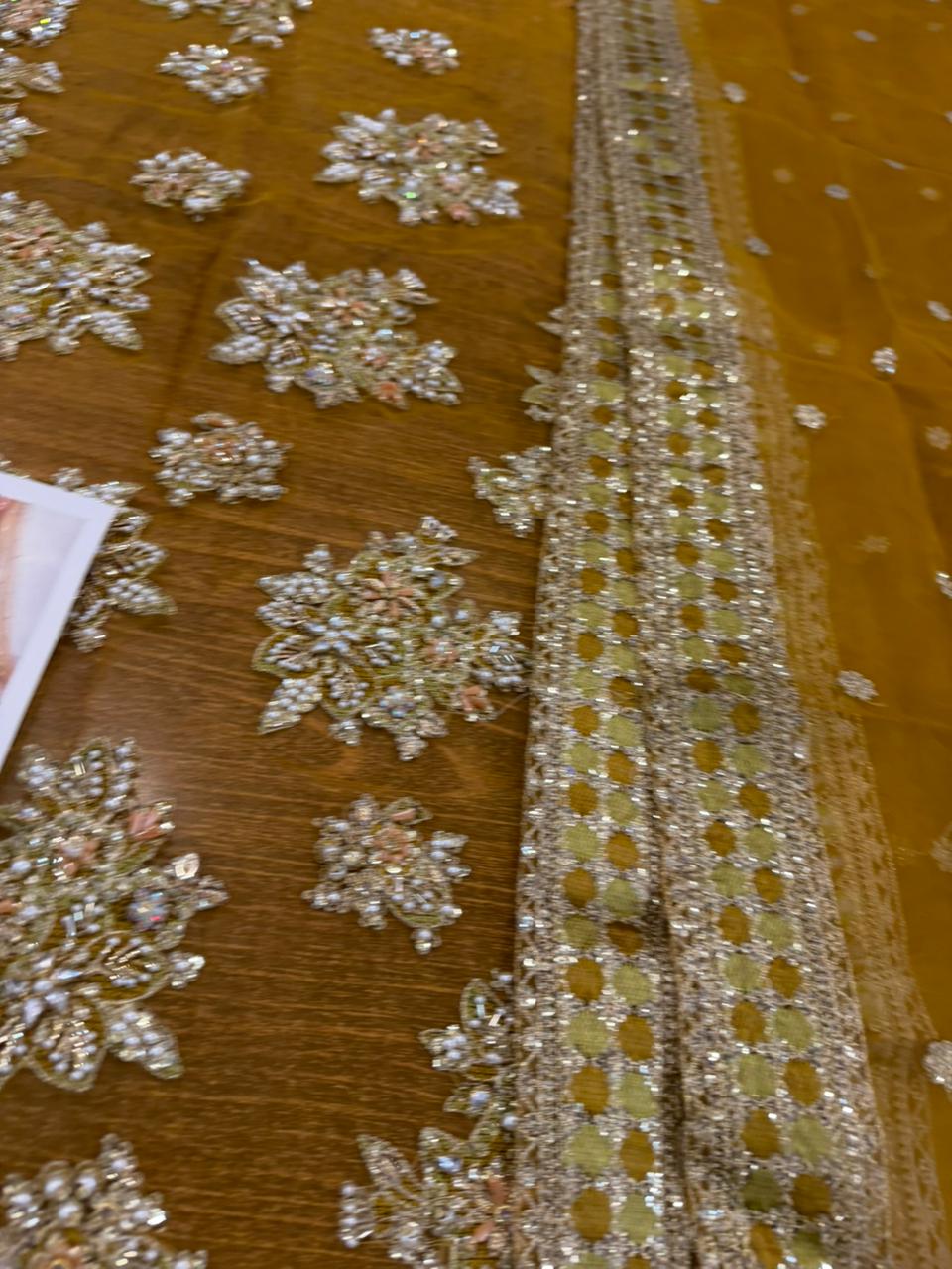 Hussain Rehar Lime Yellow Organza Festive Suit | Heavy Handwork Mehndi Edition