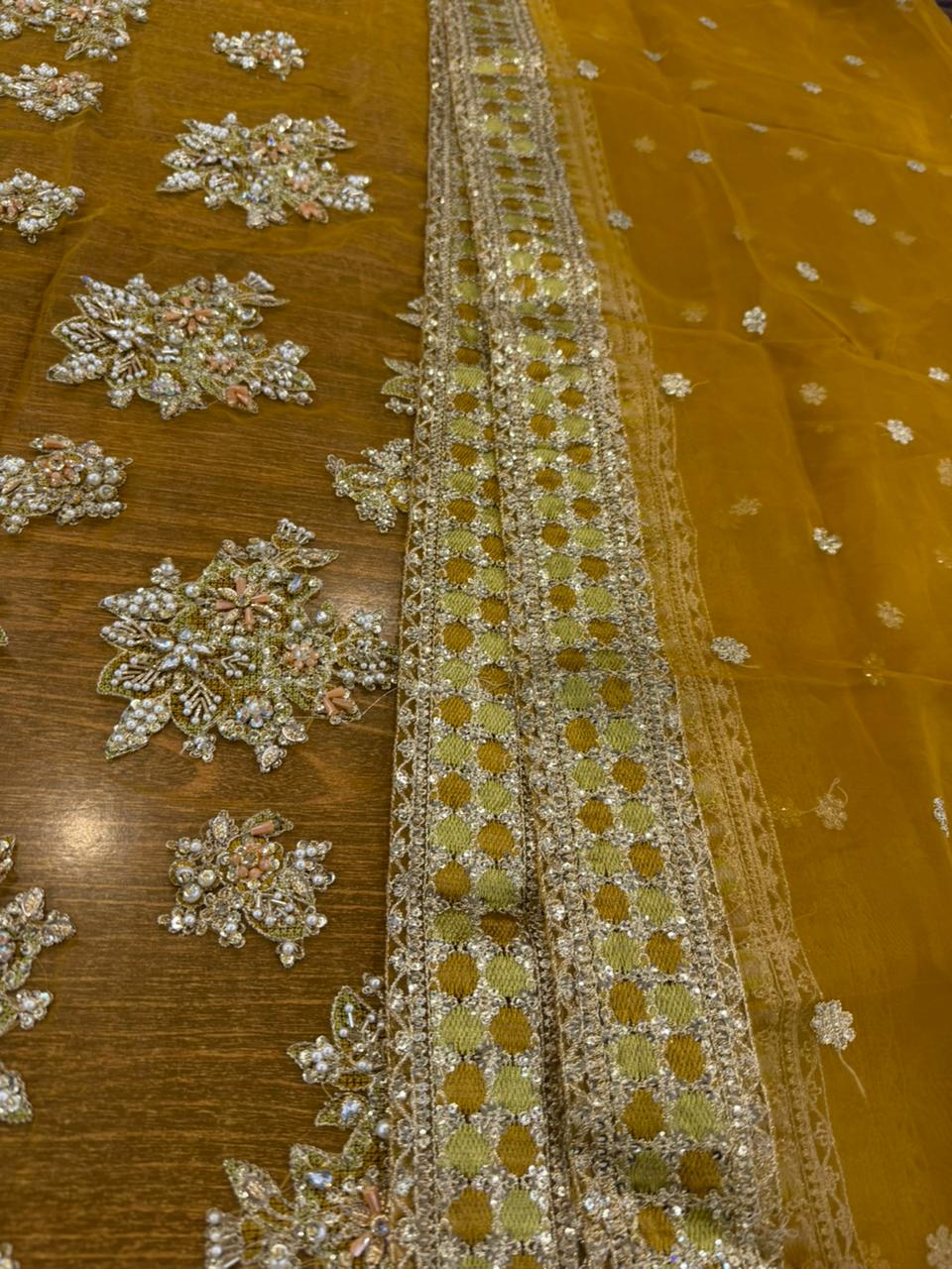 Hussain Rehar Lime Yellow Organza Festive Suit | Heavy Handwork Mehndi Edition