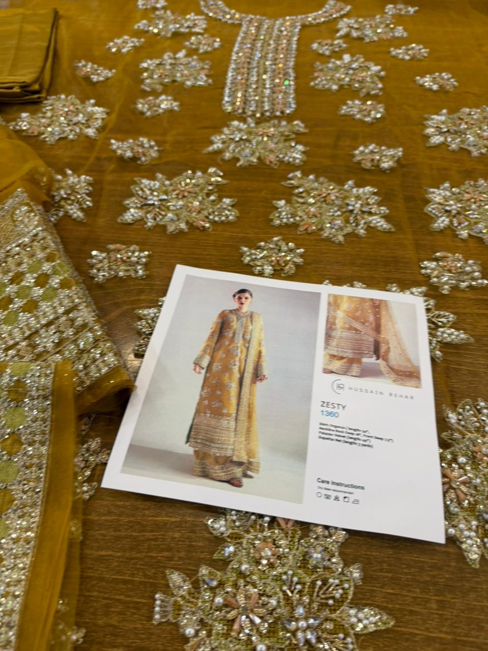 Hussain Rehar Lime Yellow Organza Festive Suit | Heavy Handwork Mehndi Edition