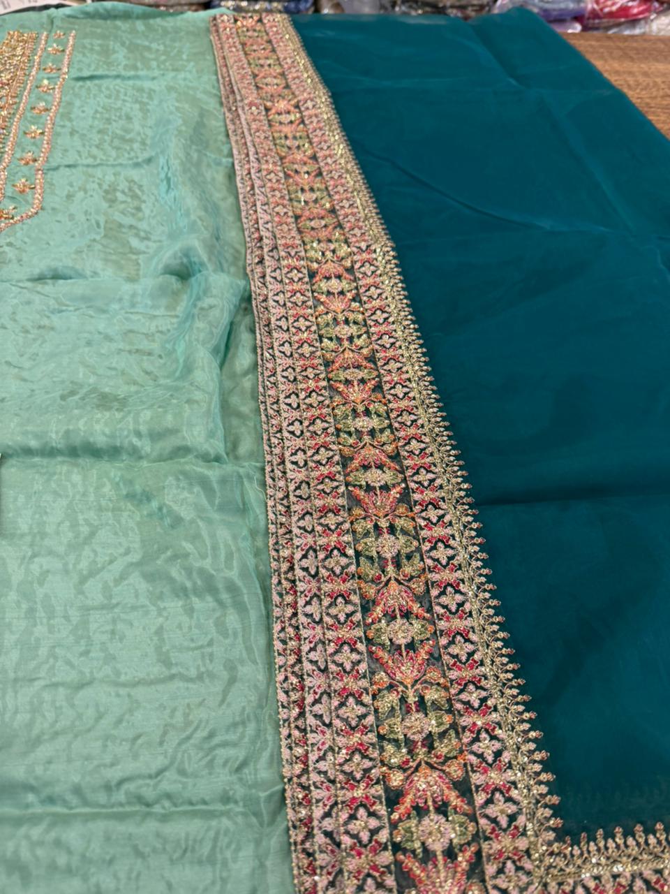 Hussain Rehar Ice Blue Raw Silk Suit | Embellished Pitta Work & Zinc Dupatta