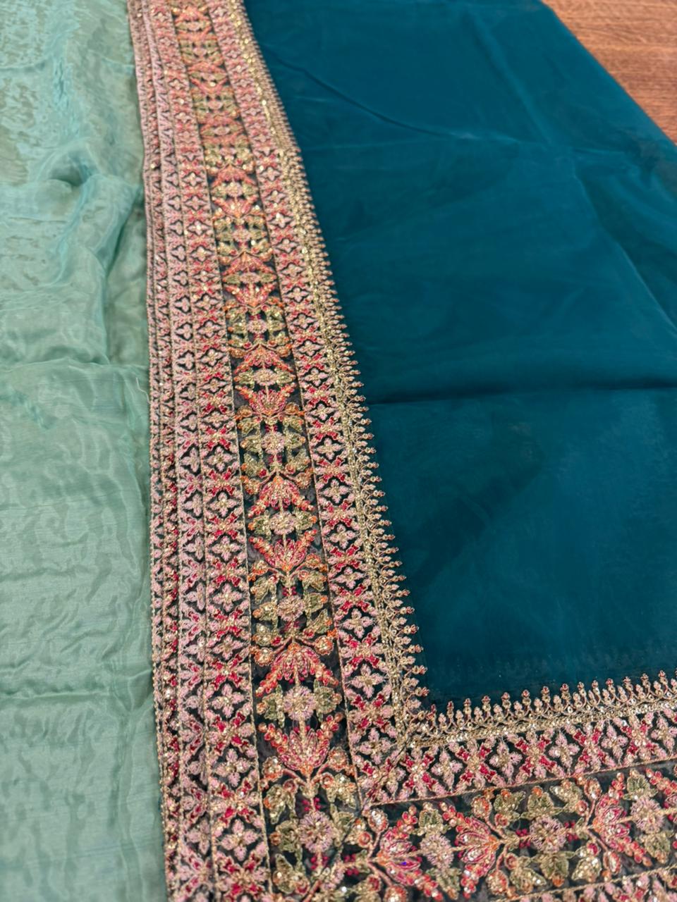 Hussain Rehar Ice Blue Raw Silk Suit | Embellished Pitta Work & Zinc Dupatta