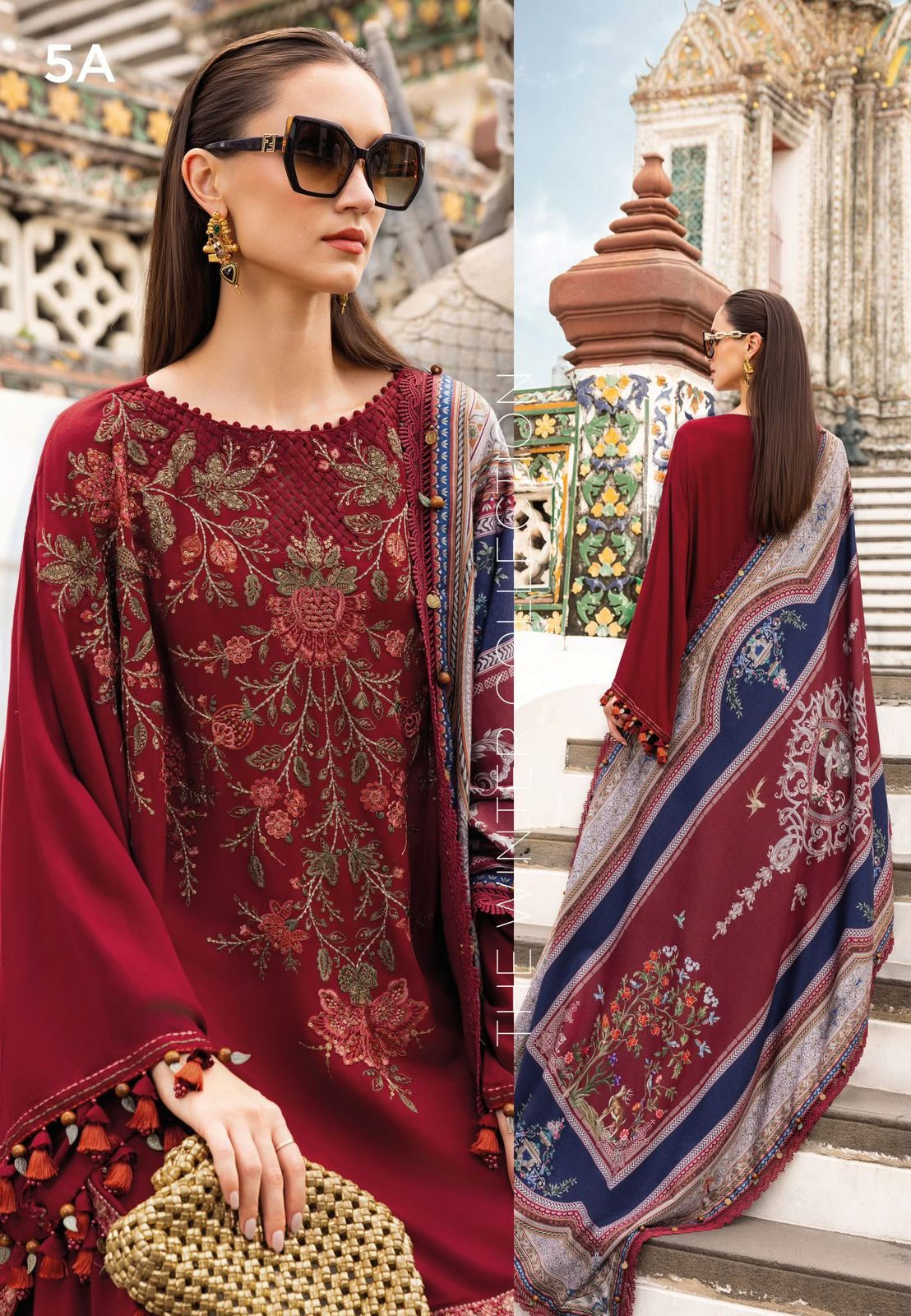 Maria B Mprint Red Twill Linen Suit | Embroidered Winter Suit with Wool Shawl