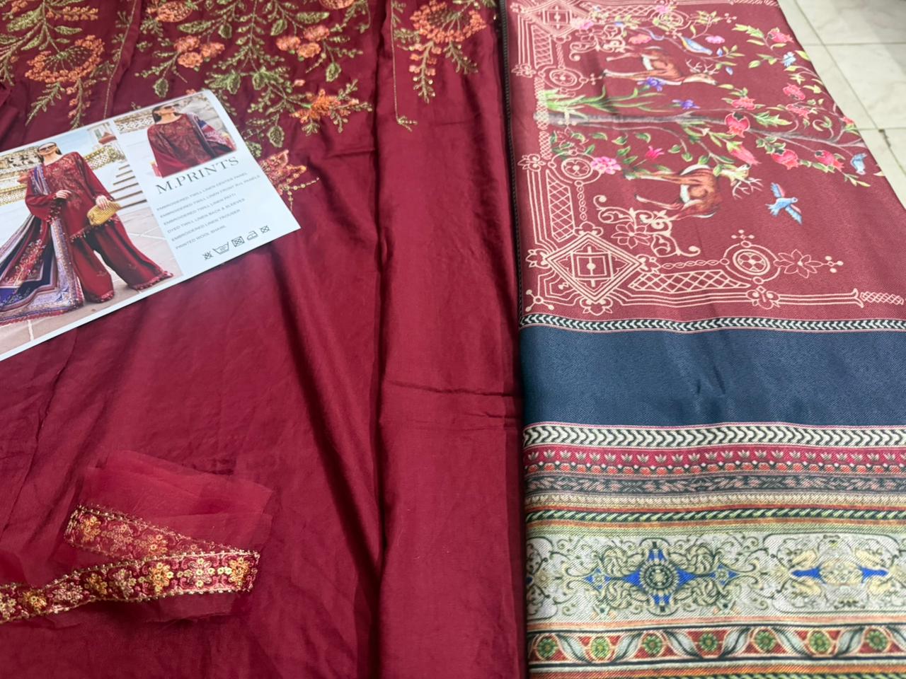 Maria B Mprint Red Twill Linen Suit | Embroidered Winter Suit with Wool Shawl