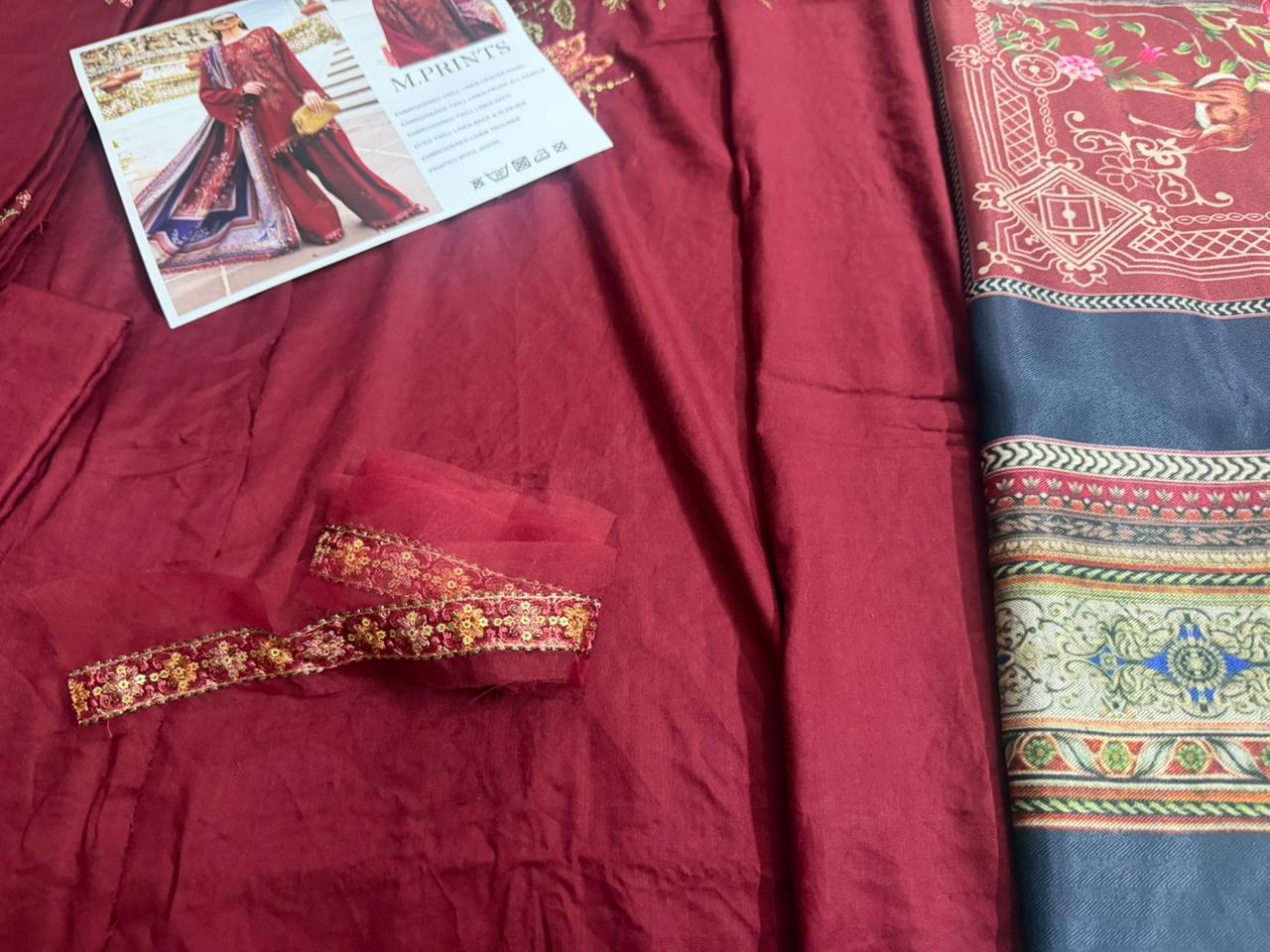 Maria B Mprint Red Twill Linen Suit | Embroidered Winter Suit with Wool Shawl