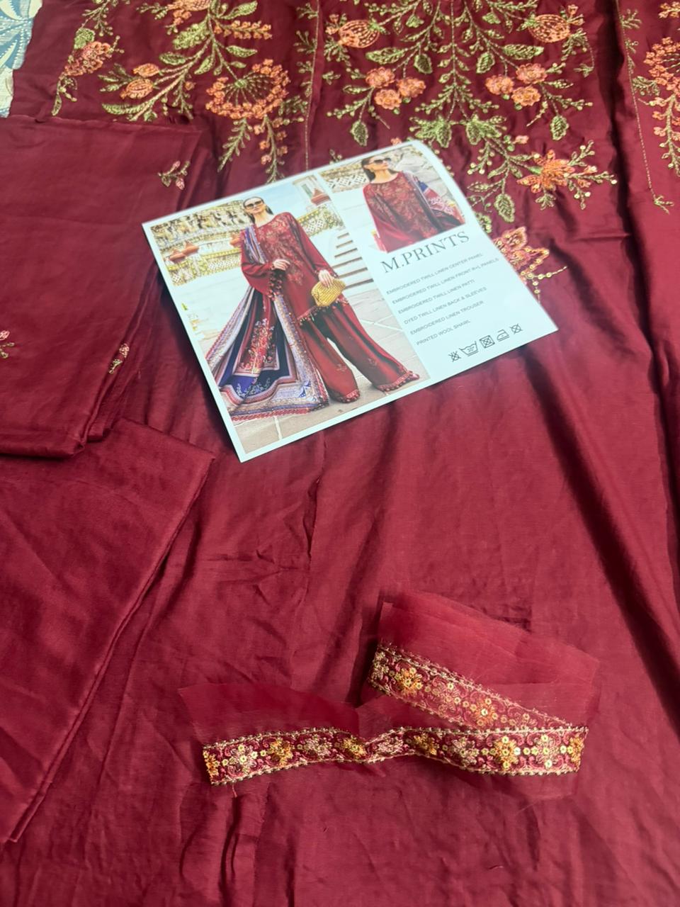 Maria B Mprint Red Twill Linen Suit | Embroidered Winter Suit with Wool Shawl