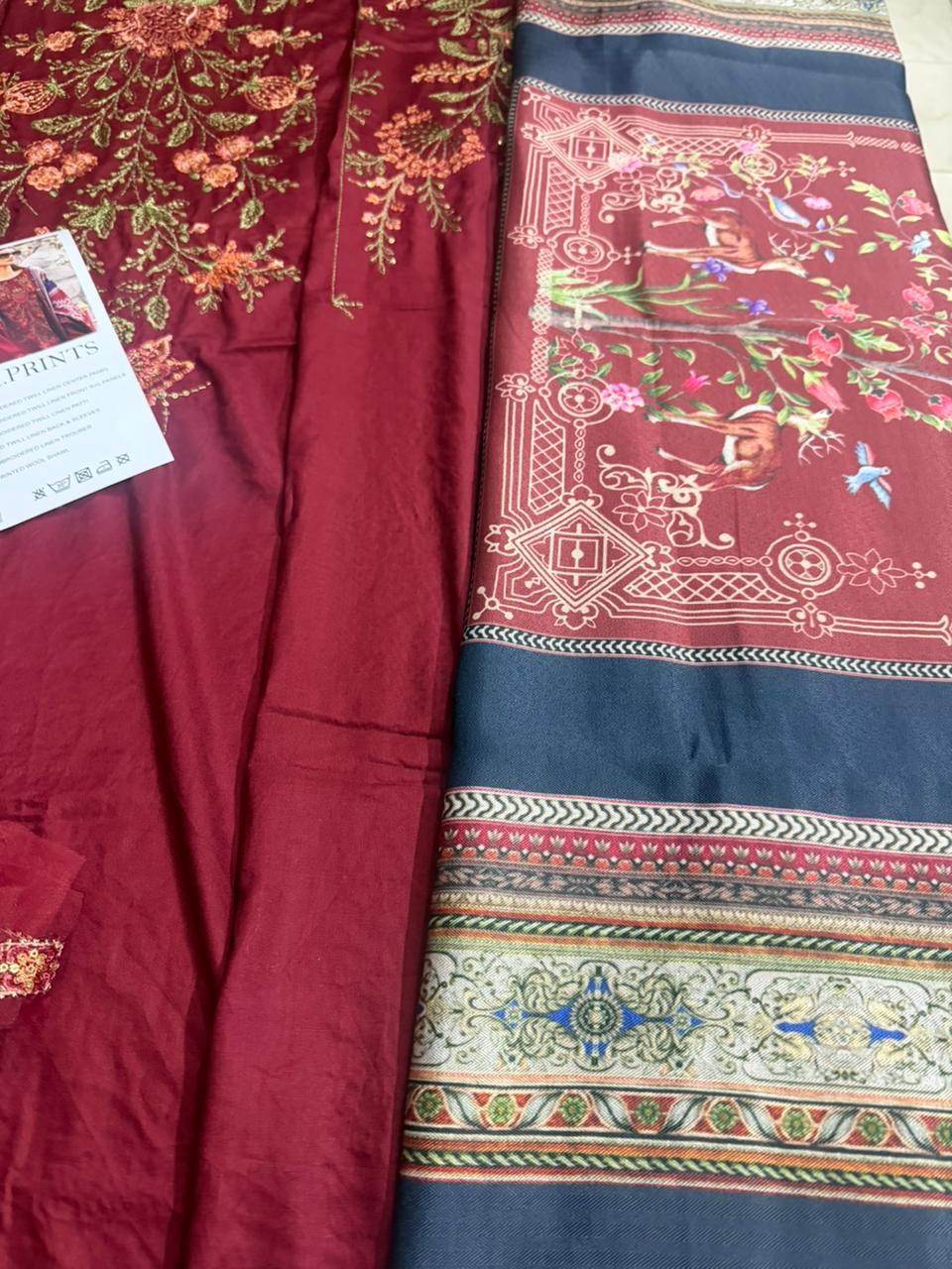 Maria B Mprint Red Twill Linen Suit | Embroidered Winter Suit with Wool Shawl