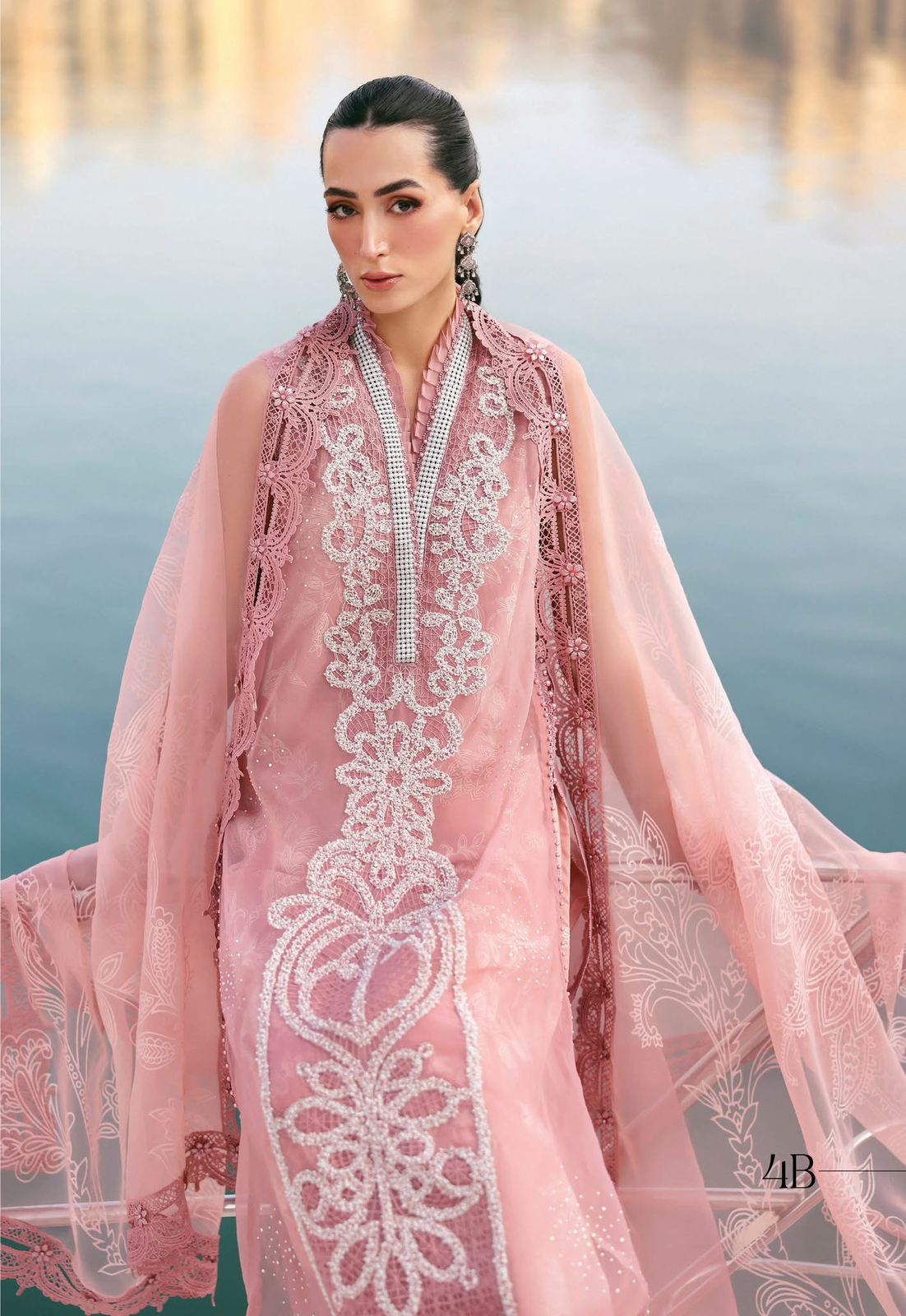 Maria B | Pink & Off-White Pearl-Embellished Organza Lawn