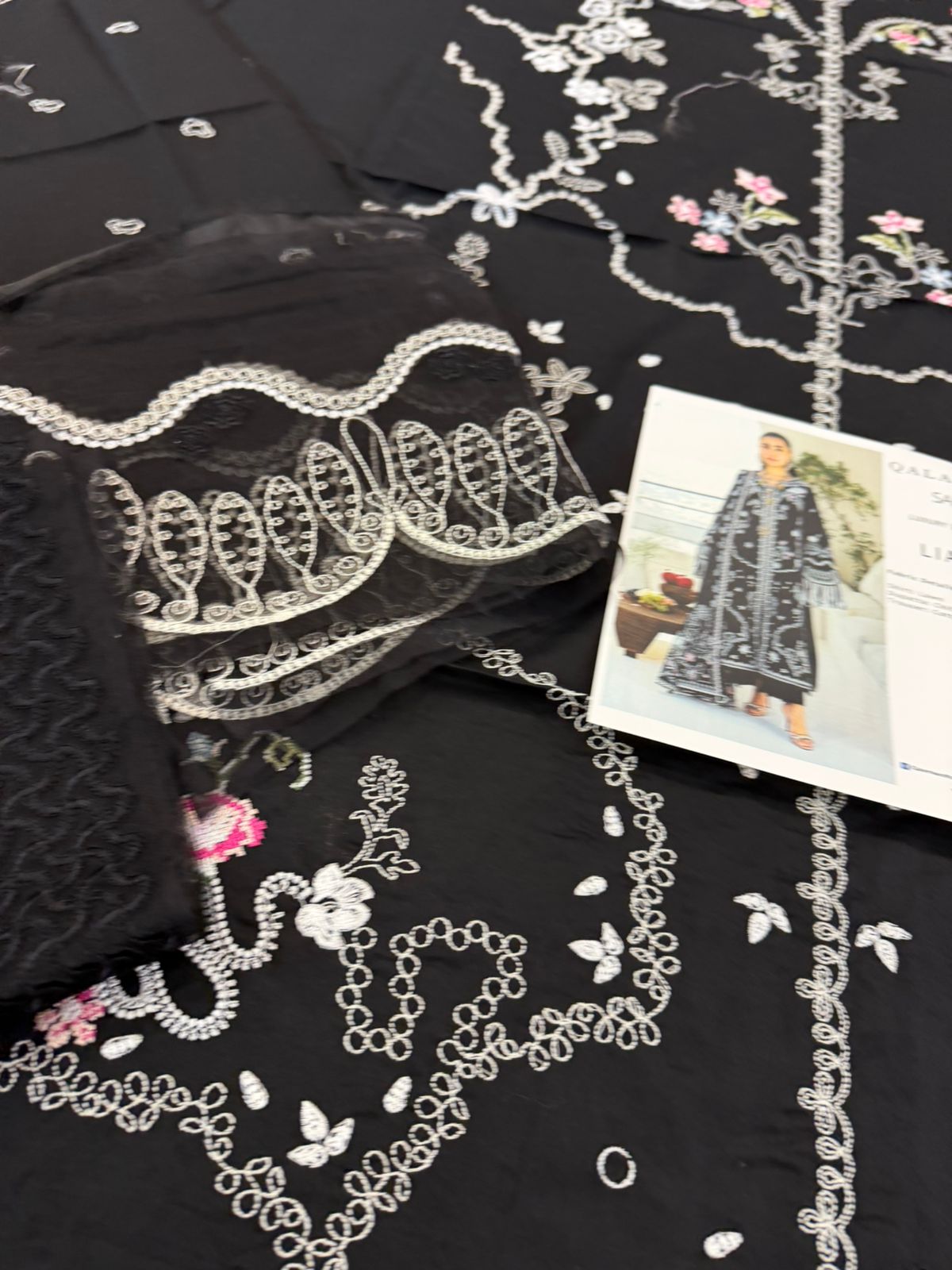 Qalamkar | Black 3D Floral Embroidered Chiffon & Lawn