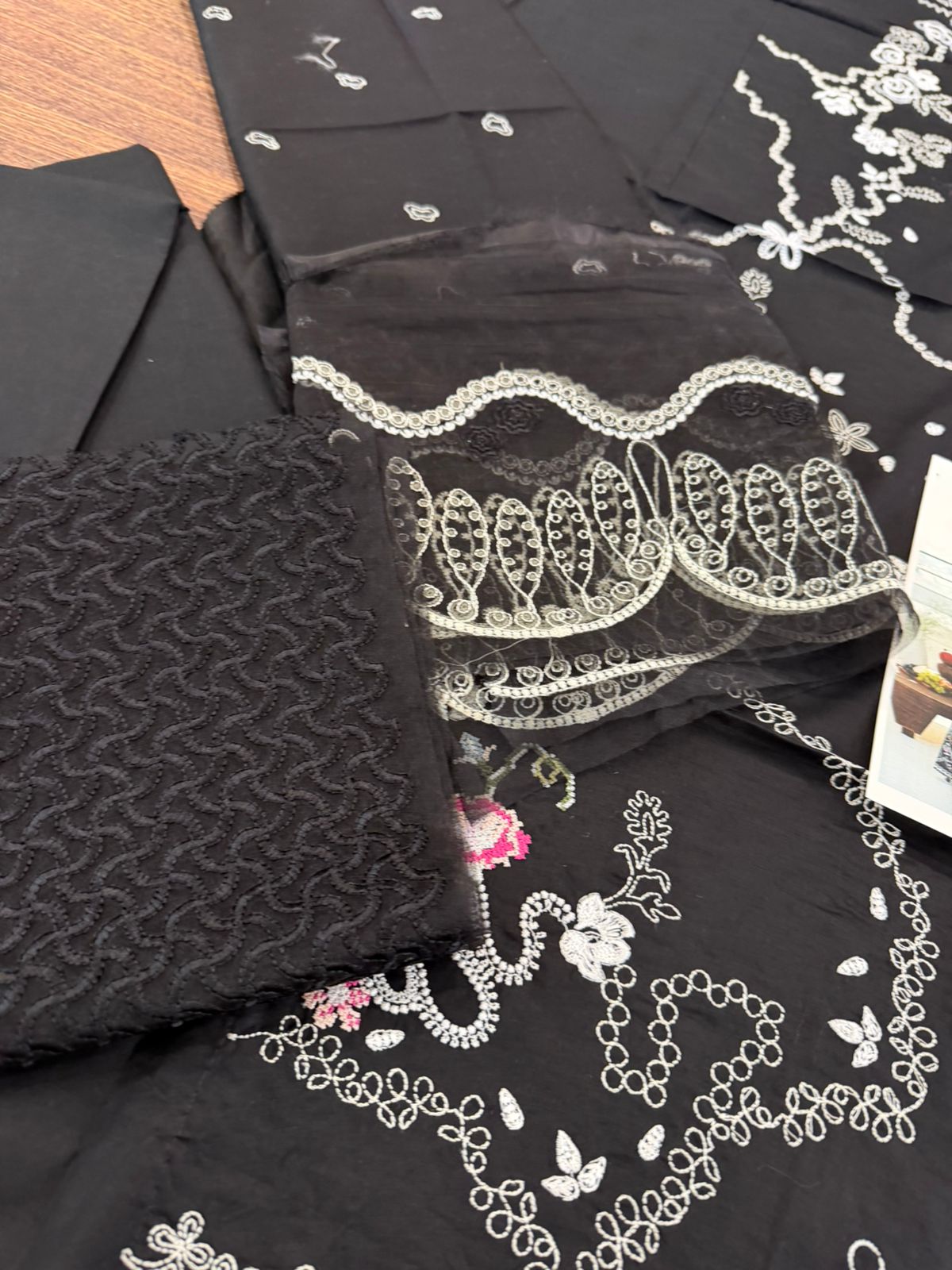 Qalamkar | Black 3D Floral Embroidered Chiffon & Lawn