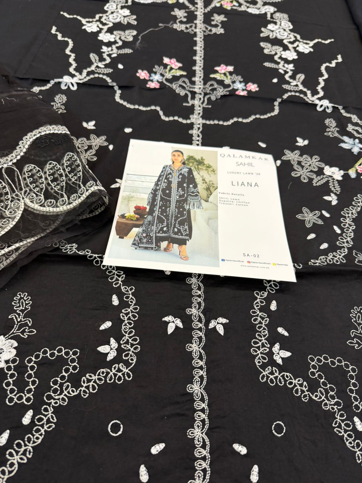 Qalamkar | Black 3D Floral Embroidered Chiffon & Lawn