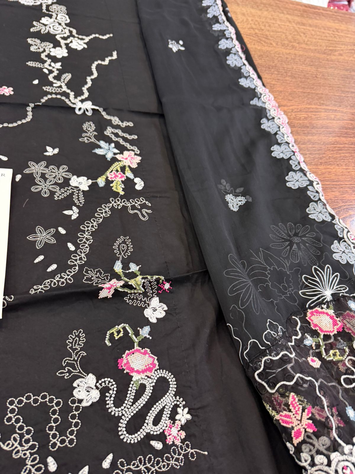 Qalamkar | Black 3D Floral Embroidered Chiffon & Lawn