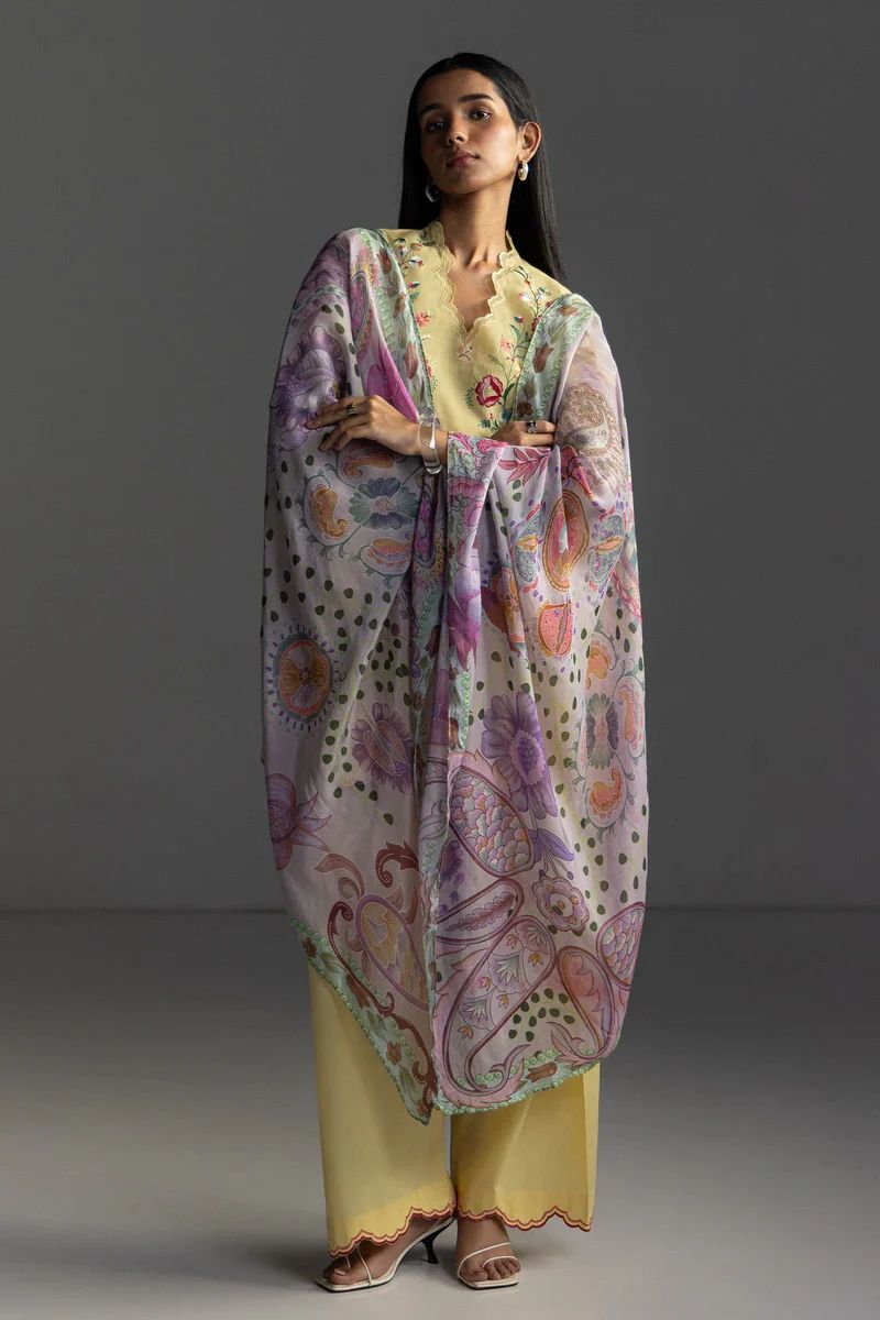 Zara Shahjahan | COCO Yellow Embroidered Lawn & Silk Dupatta