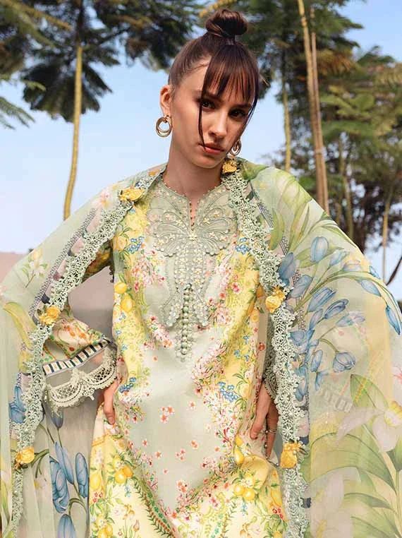 Maria.B Pistachio Green Luxury Lawn 2026 | Embroidered 3D Motif Design