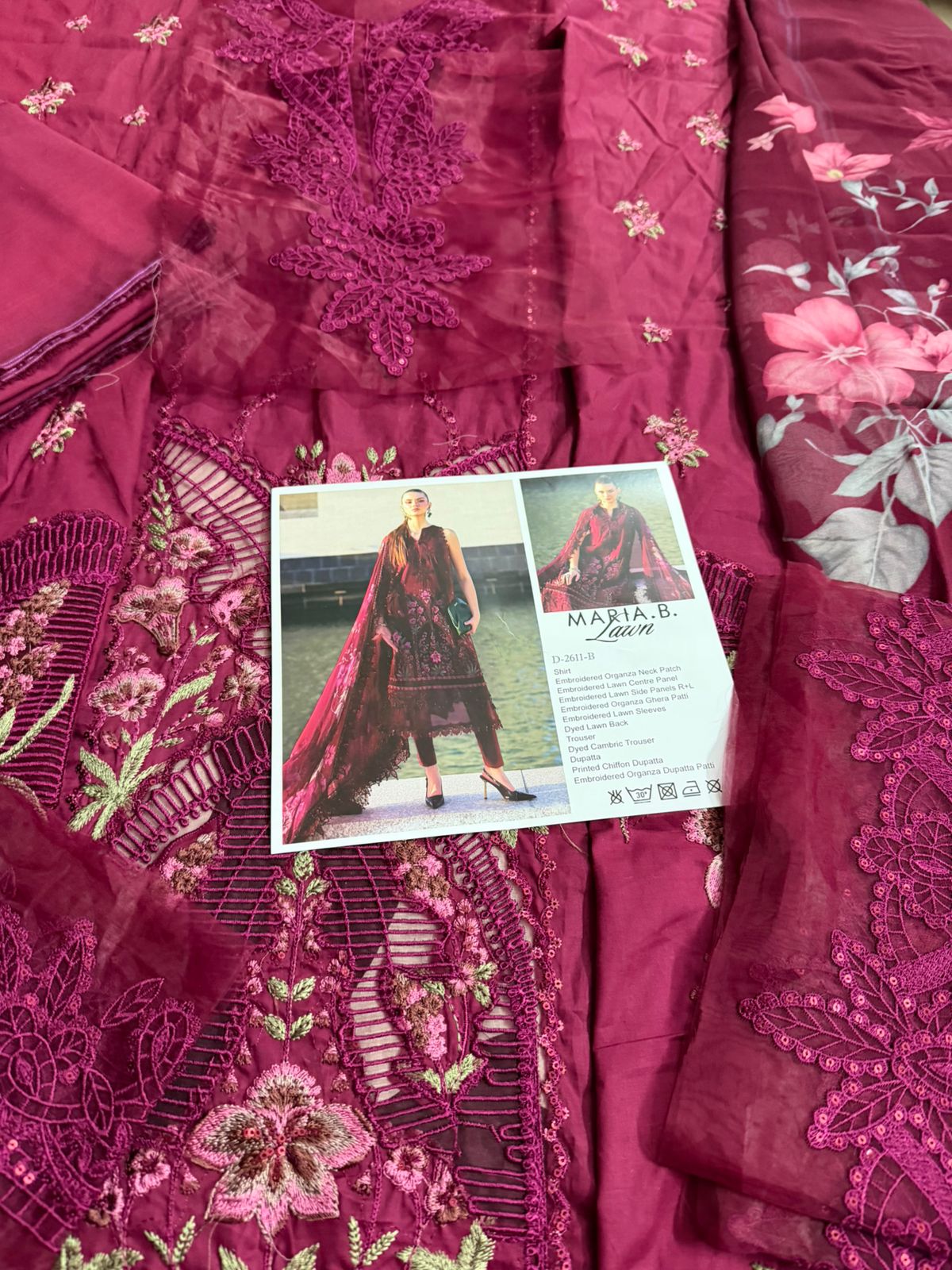 Maria B Luxury Maroon Lawn 2026 | Embroidered Chiffon Dupatta Suit