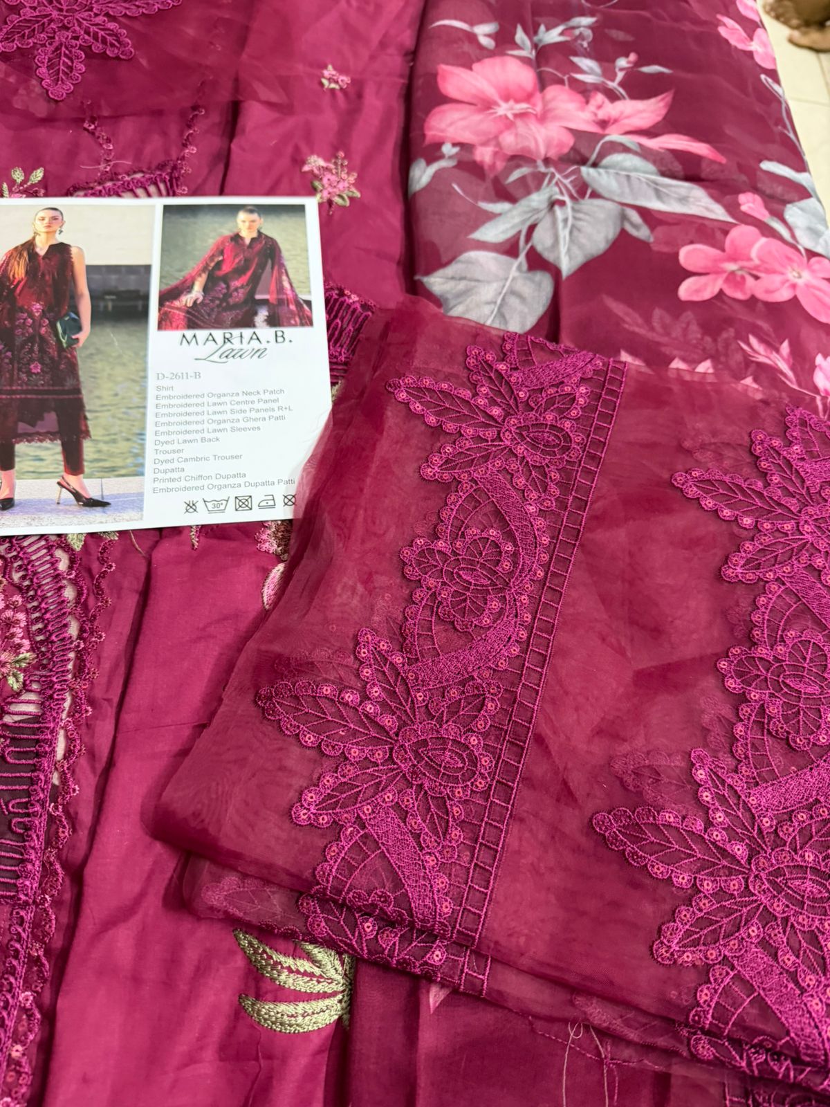 Maria B Luxury Maroon Lawn 2026 | Embroidered Chiffon Dupatta Suit