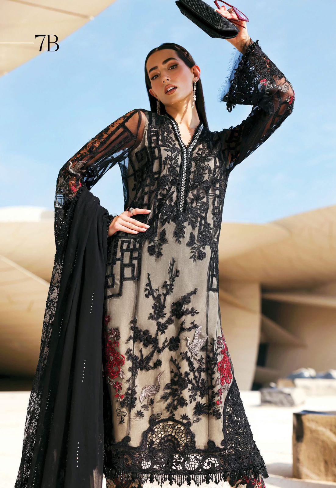 Maria B. Black Embroidered Lawn Suit | Luxury Net & Chiffon 3-Piece