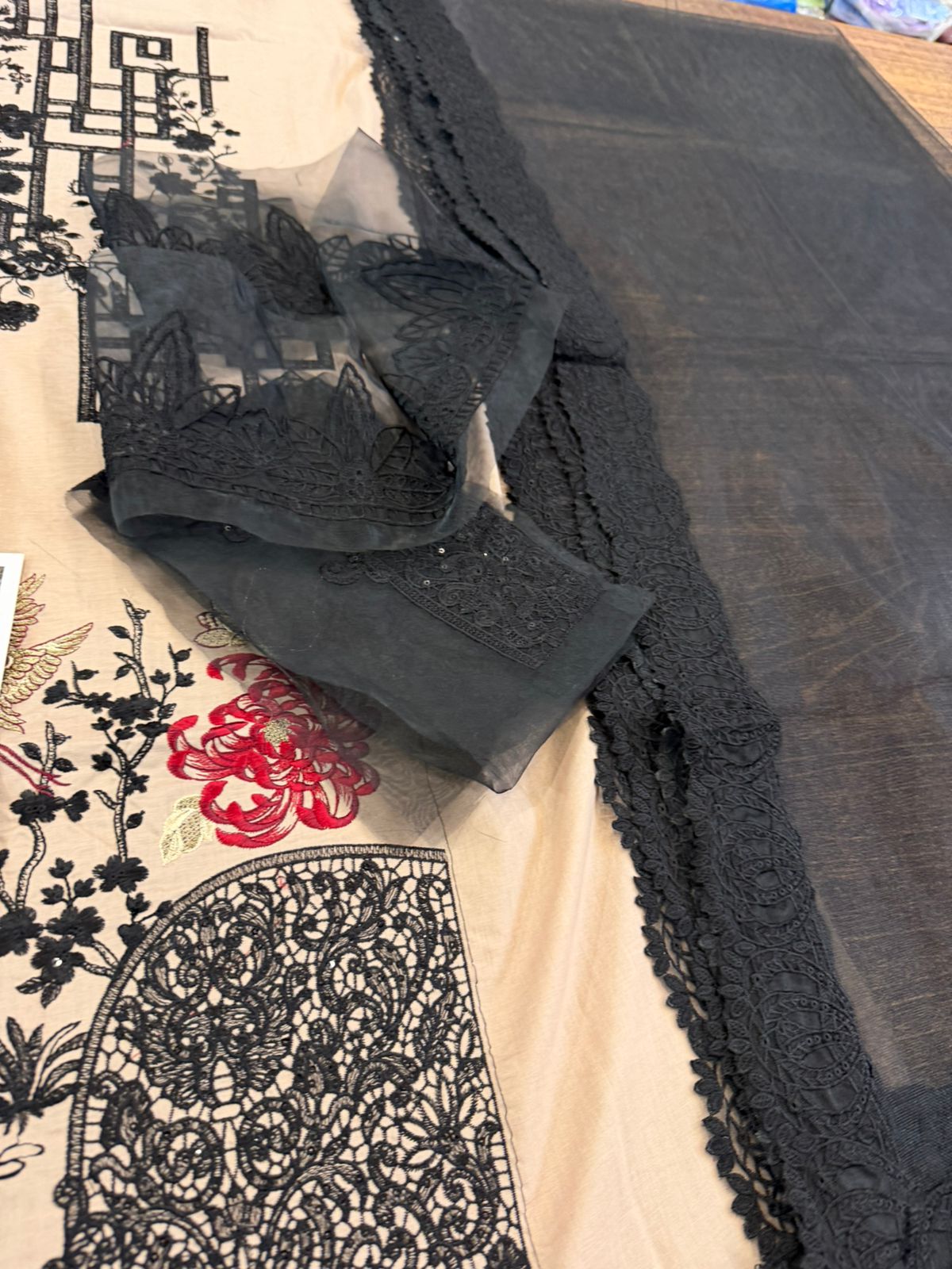 Maria B. Black Embroidered Lawn Suit | Luxury Net & Chiffon 3-Piece