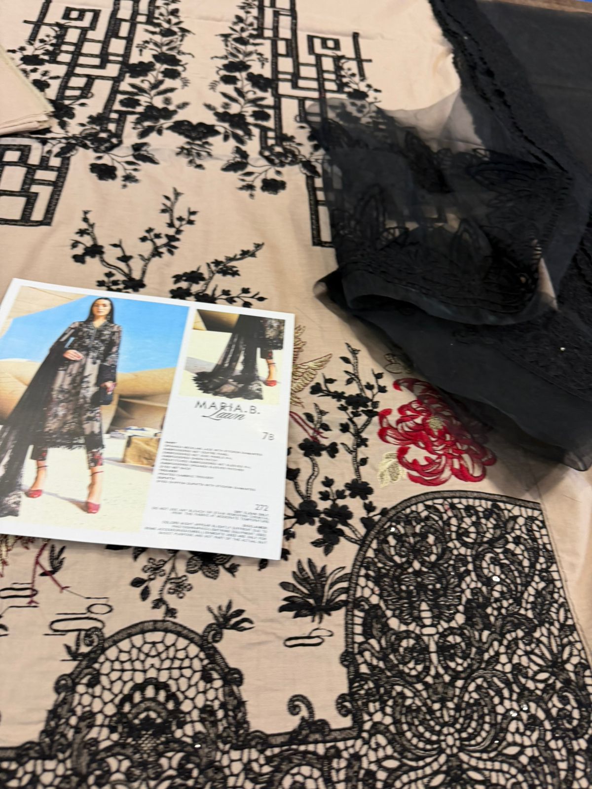 Maria B. Black Embroidered Lawn Suit | Luxury Net & Chiffon 3-Piece