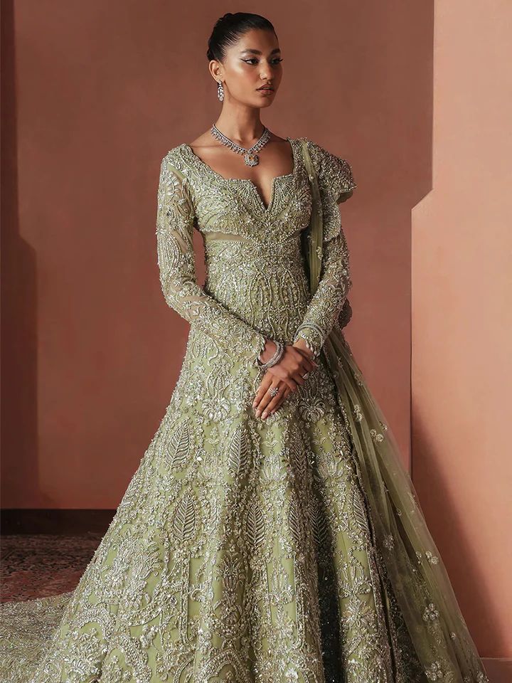 Soraya Sage Green Bridal Maxi | Hand-Embellished Net Wedding Couture