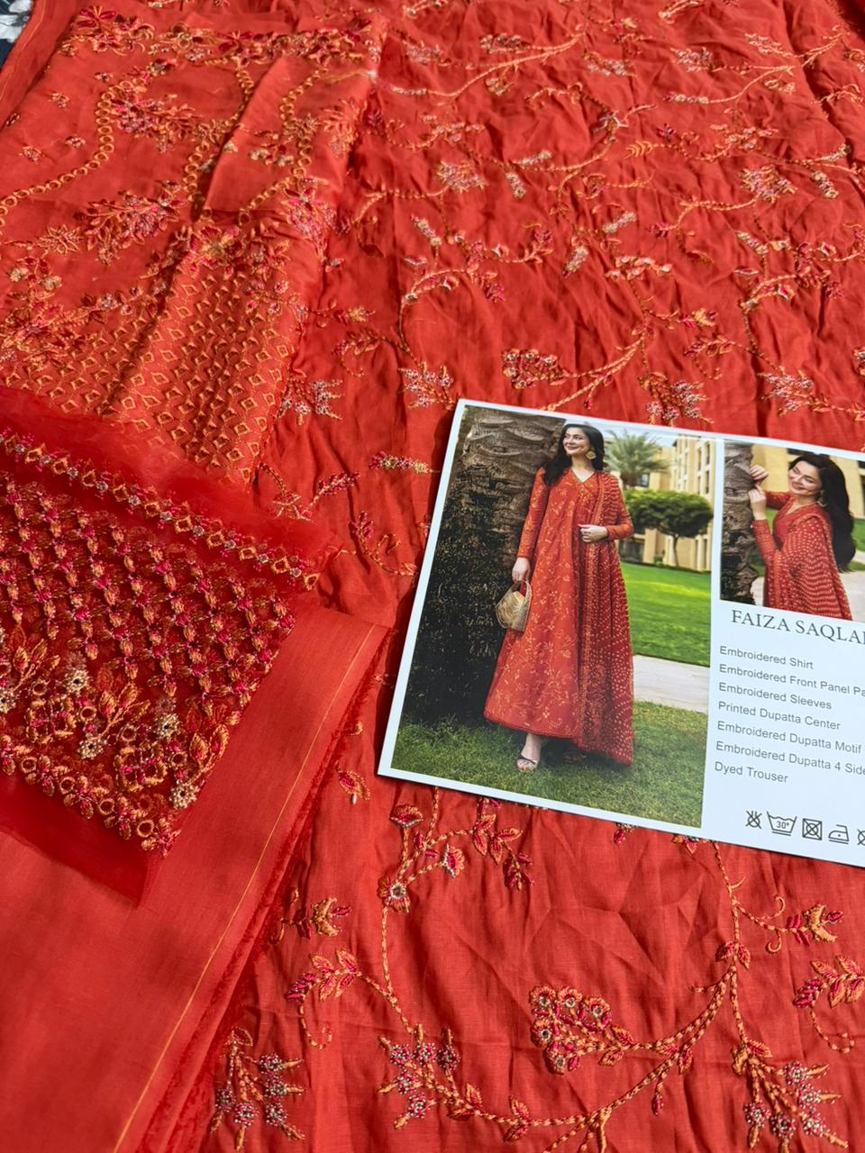 Faiza Saqlain | Burnt Orange Embroidered Luxury Lawn & Chiffon