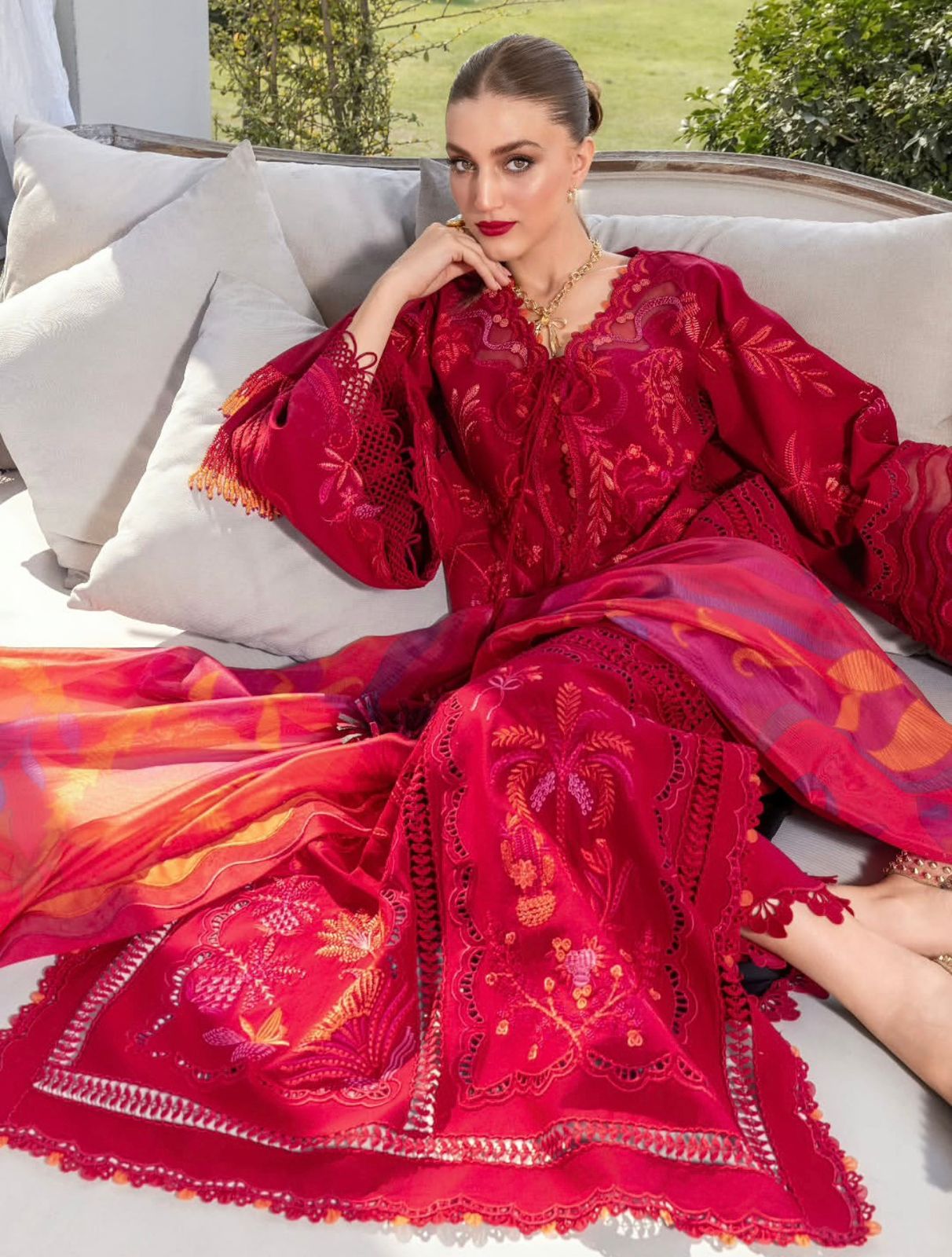 Crimson | Petal Red Flow Embroidered Luxury Lawn & Silk