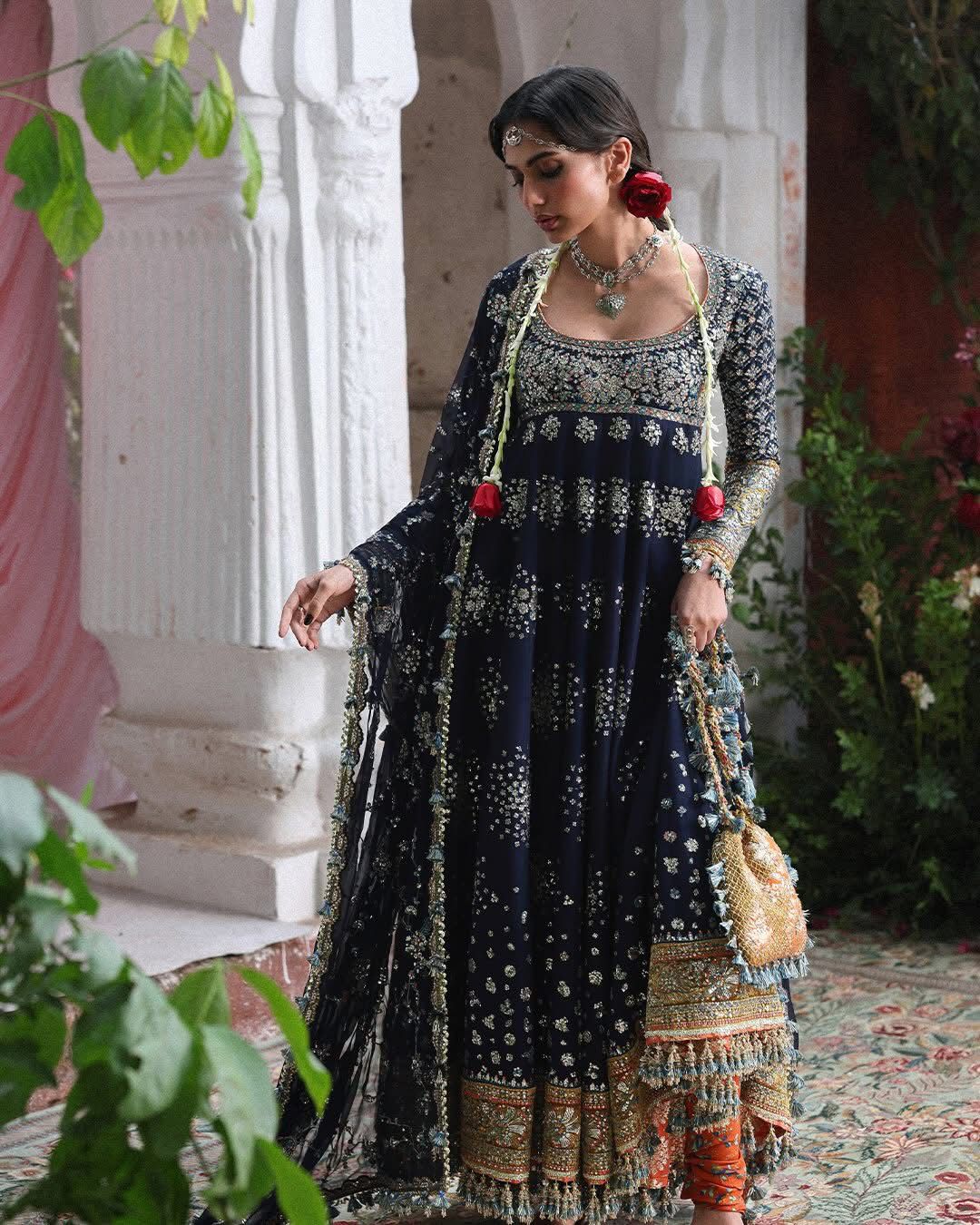 Hussain Rehar Navy Blue Pishwas - Embroidered Silk Wedding Formals