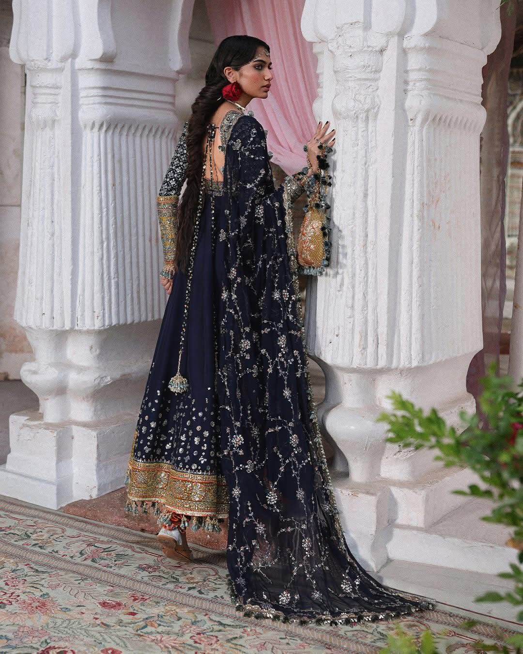 Hussain Rehar Navy Blue Pishwas - Embroidered Silk Wedding Formals