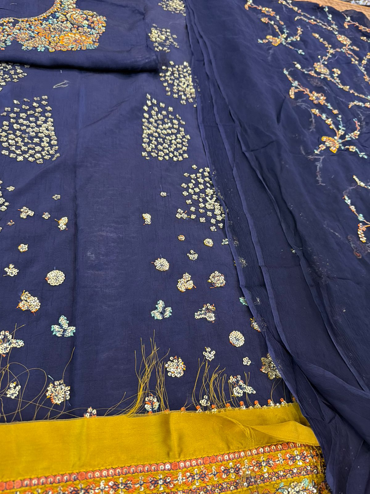 Hussain Rehar Navy Blue Pishwas - Embroidered Silk Wedding Formals