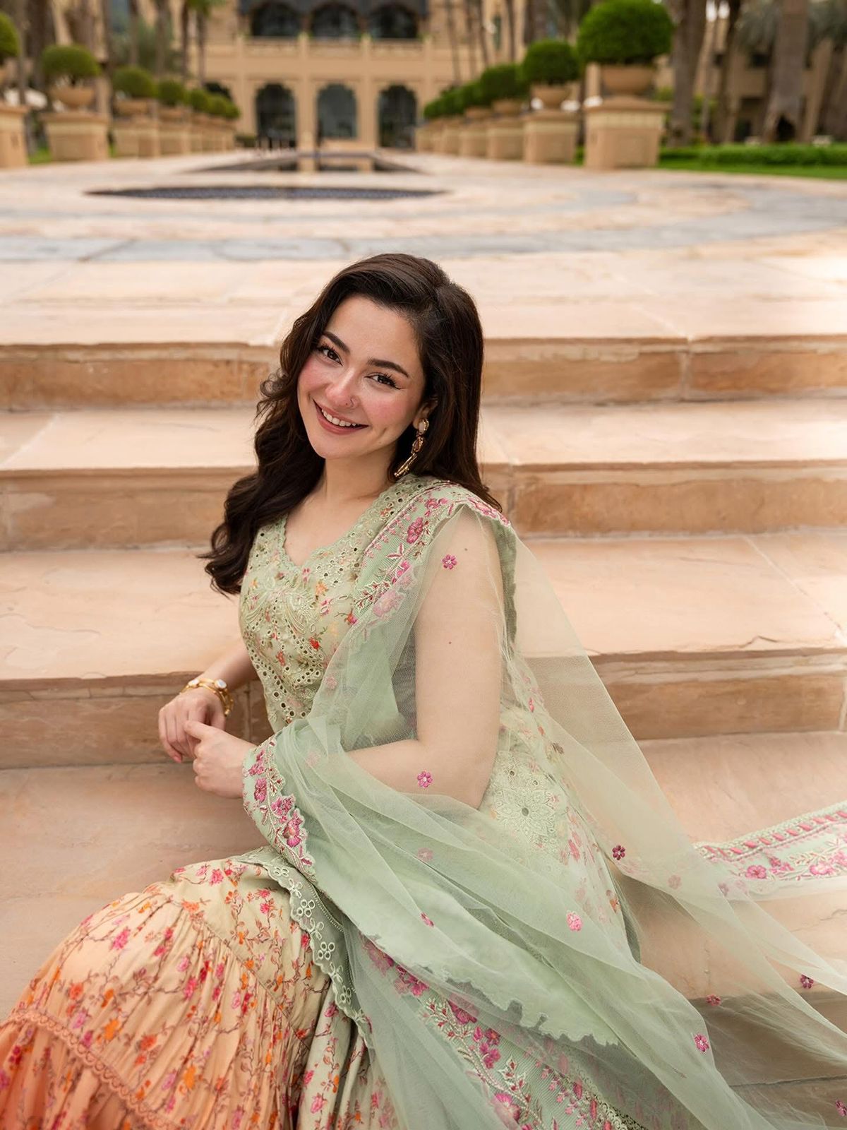 Faiza Saqlain Eldira - Mint Green Embroidered Lawn Gharara Set
