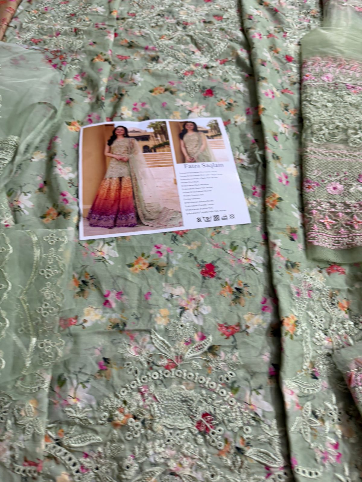 Faiza Saqlain Eldira - Mint Green Embroidered Lawn Gharara Set