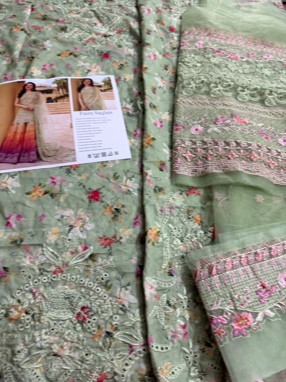 Faiza Saqlain Eldira - Mint Green Embroidered Lawn Gharara Set