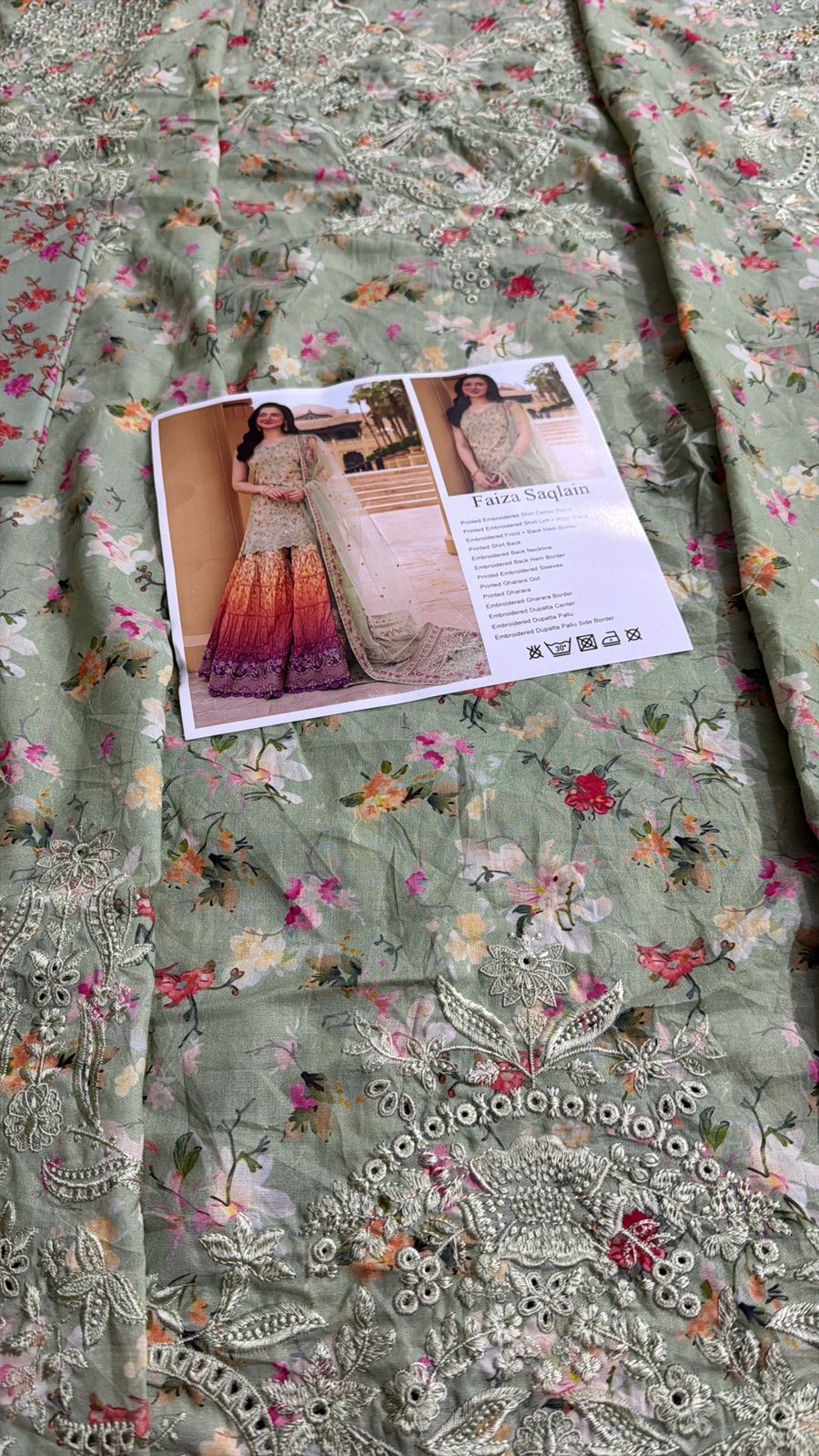 Faiza Saqlain Eldira - Mint Green Embroidered Lawn Gharara Set