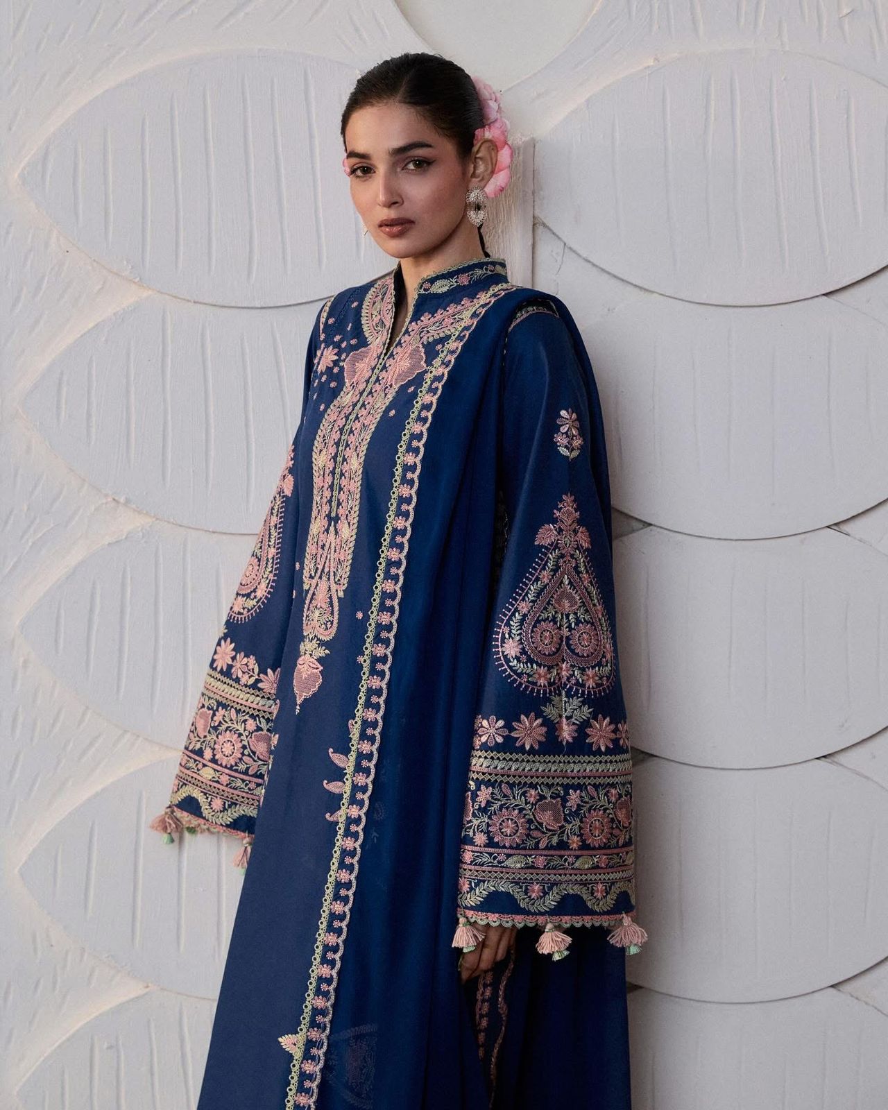Hussain Rehar Ink Blue Embroidered Luxury Lawn Suit - 3 Piece