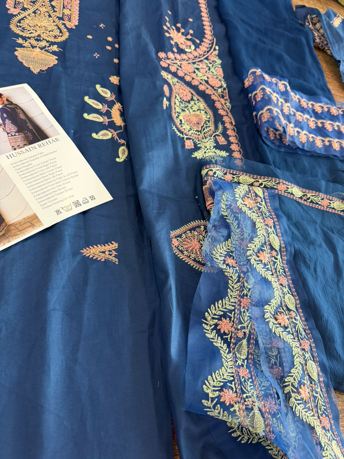 Hussain Rehar Ink Blue Embroidered Luxury Lawn Suit - 3 Piece