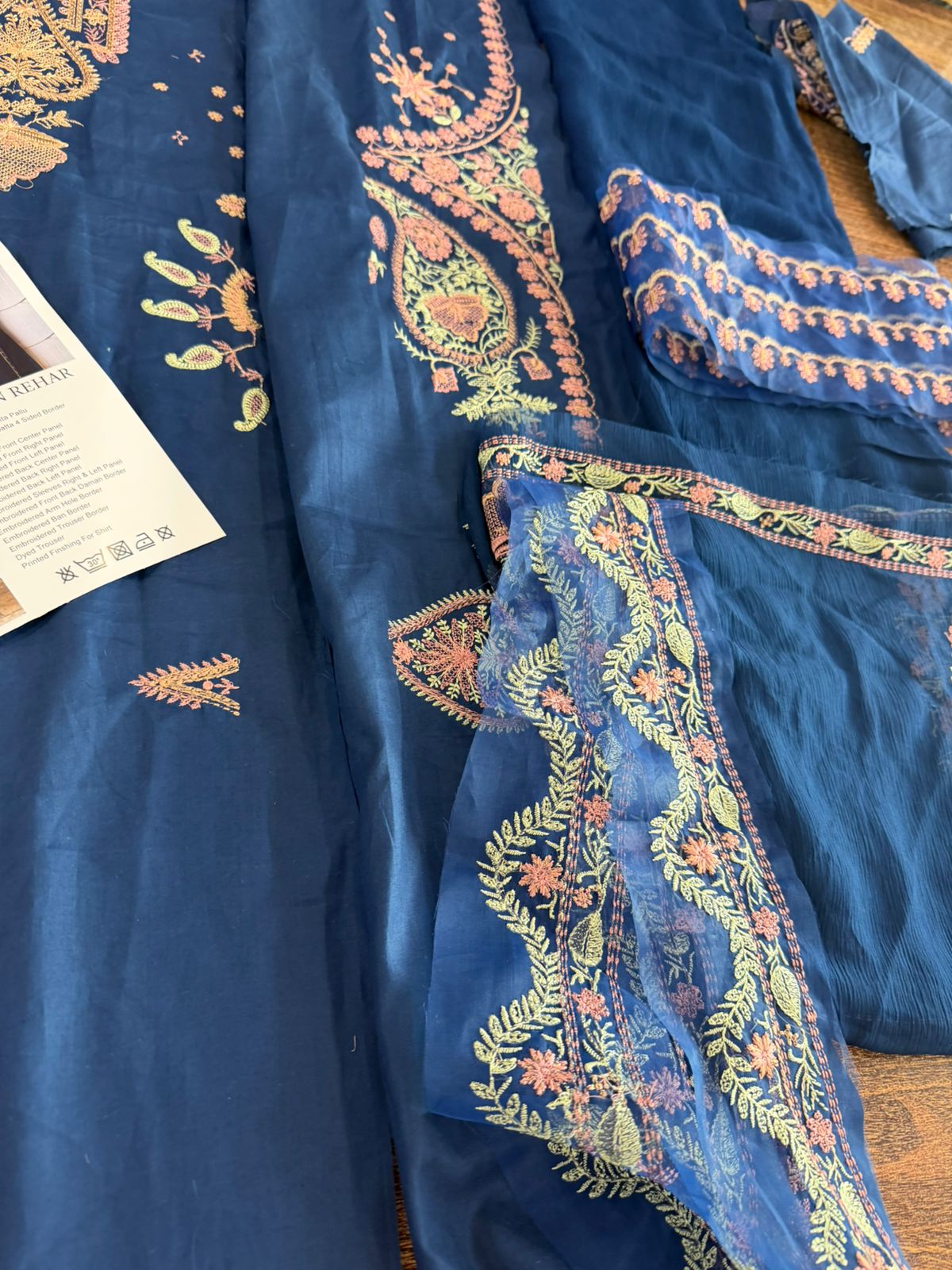 Hussain Rehar Ink Blue Embroidered Luxury Lawn Suit - 3 Piece