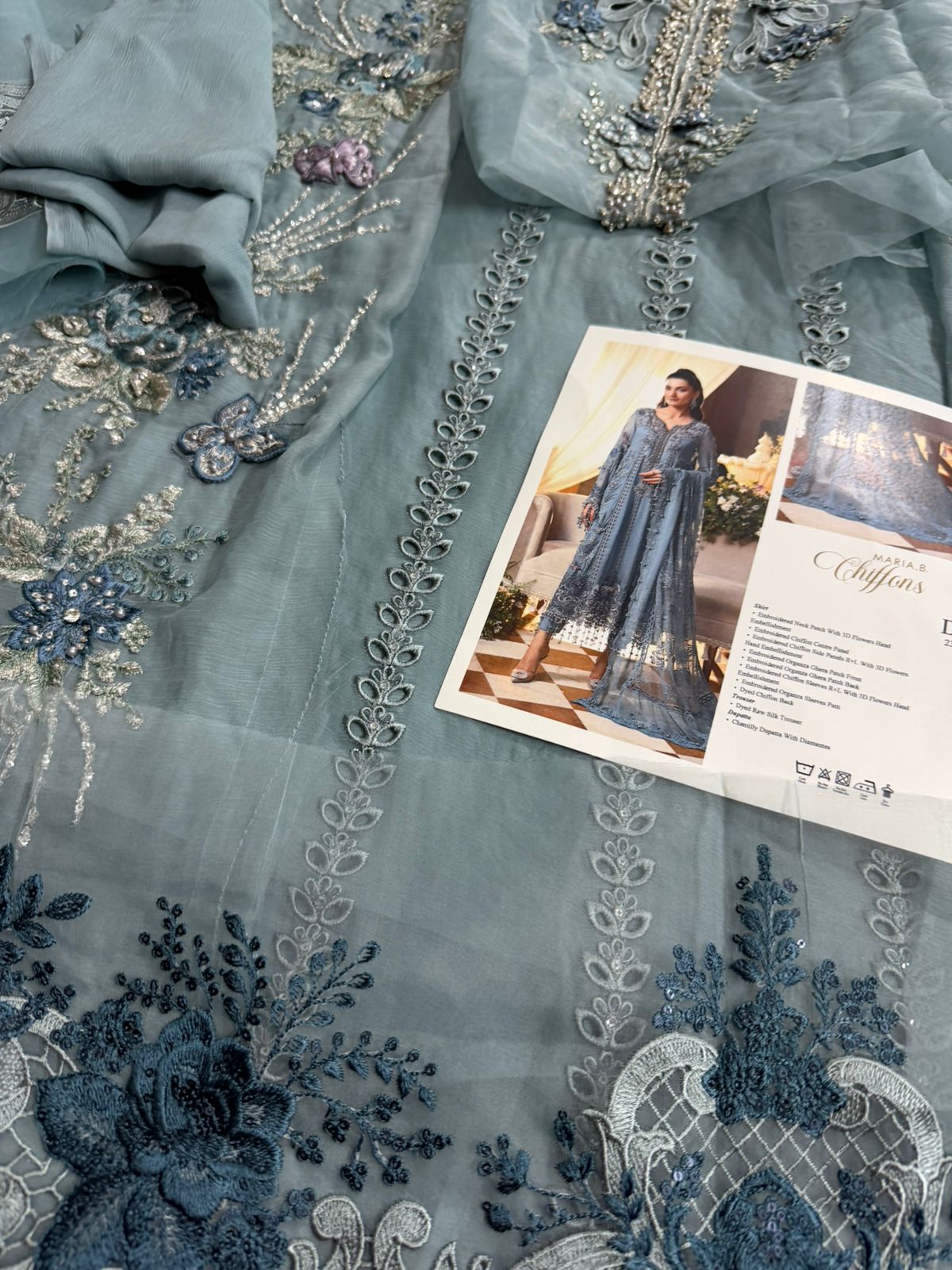 Maria B | Sky Blue Hand-Embellished Luxury Chiffon Suit