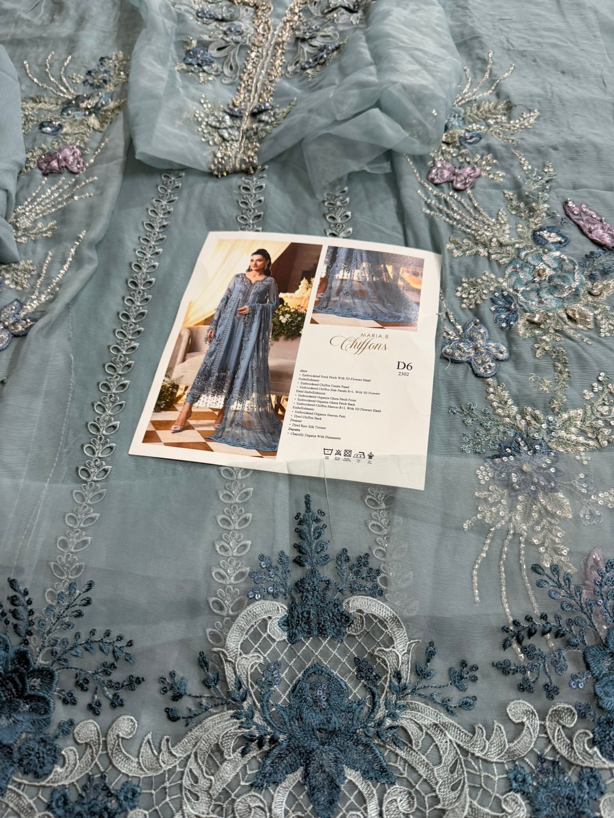 Maria B | Sky Blue Hand-Embellished Luxury Chiffon Suit