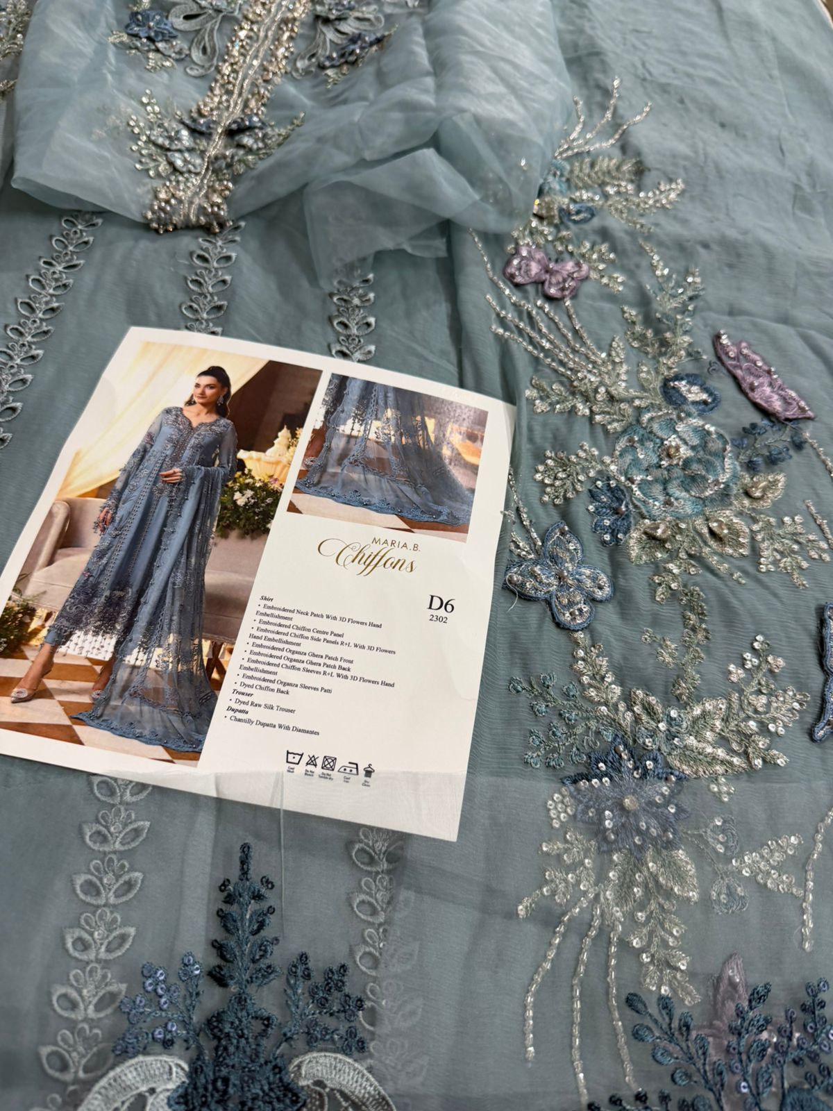 Maria B | Sky Blue Hand-Embellished Luxury Chiffon Suit