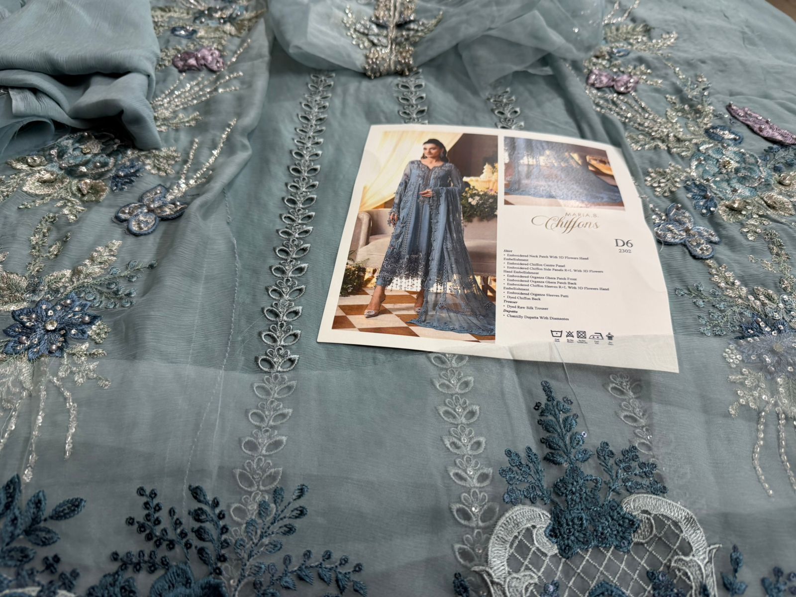 Maria B | Sky Blue Hand-Embellished Luxury Chiffon Suit