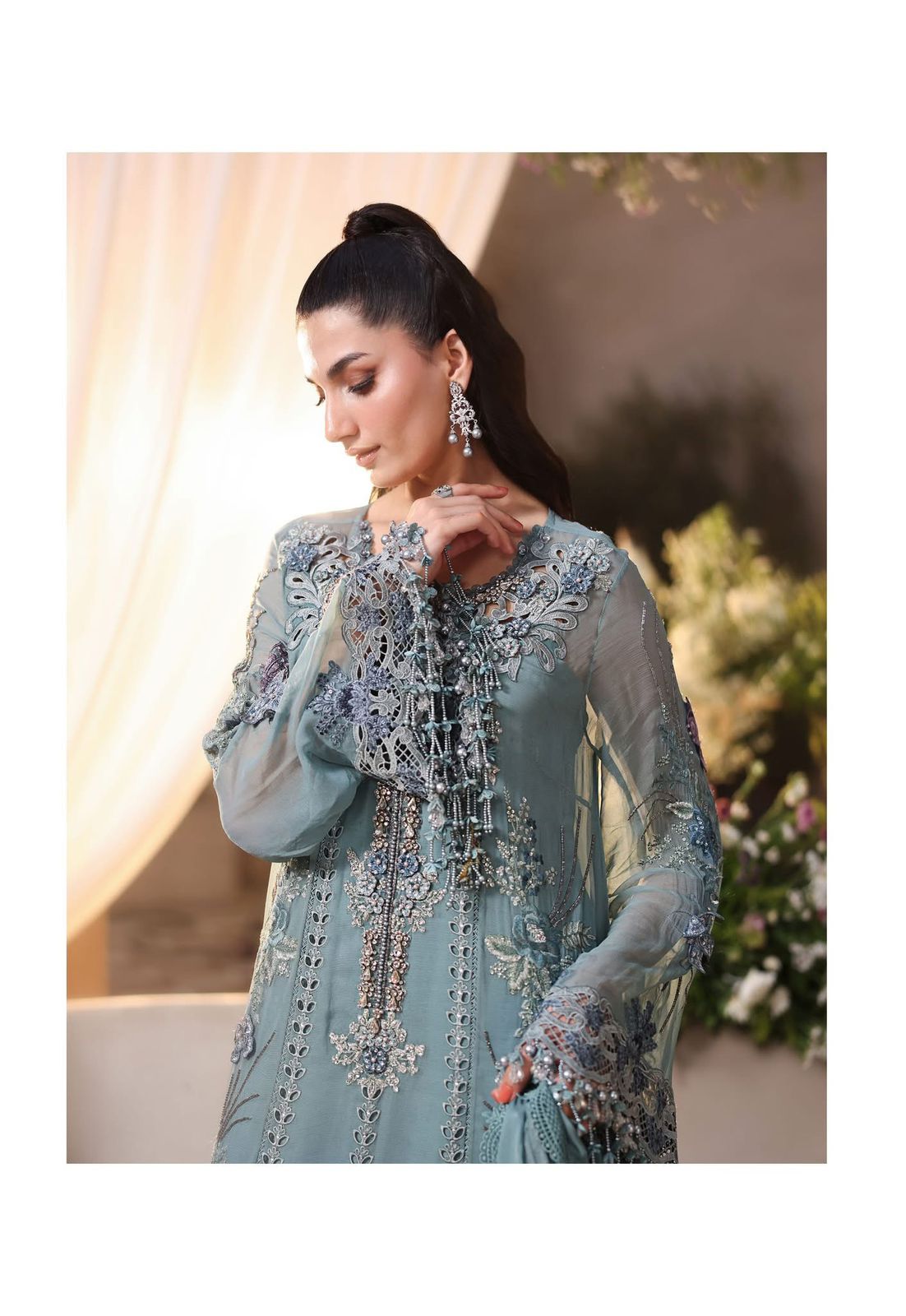 Maria B | Sky Blue Hand-Embellished Luxury Chiffon Suit