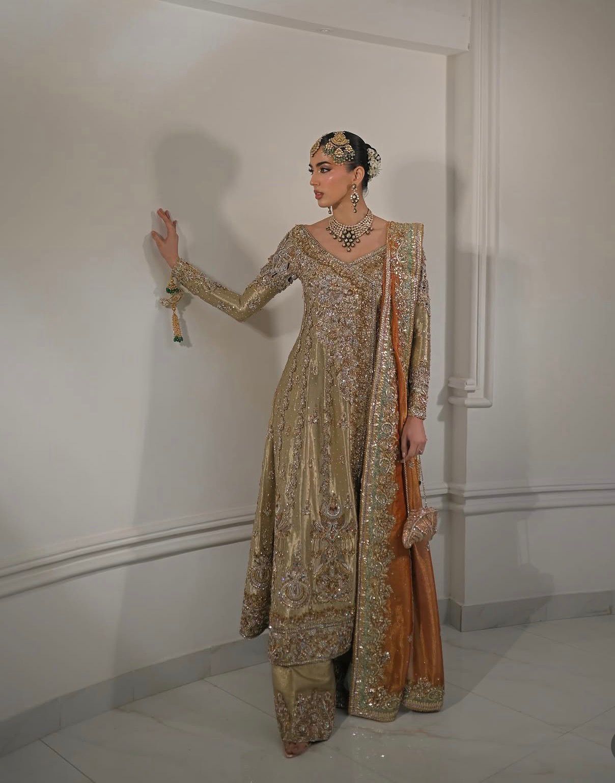 Alina Khan Inspired | Gold Metallic Hand-Embellished Bridal Suit