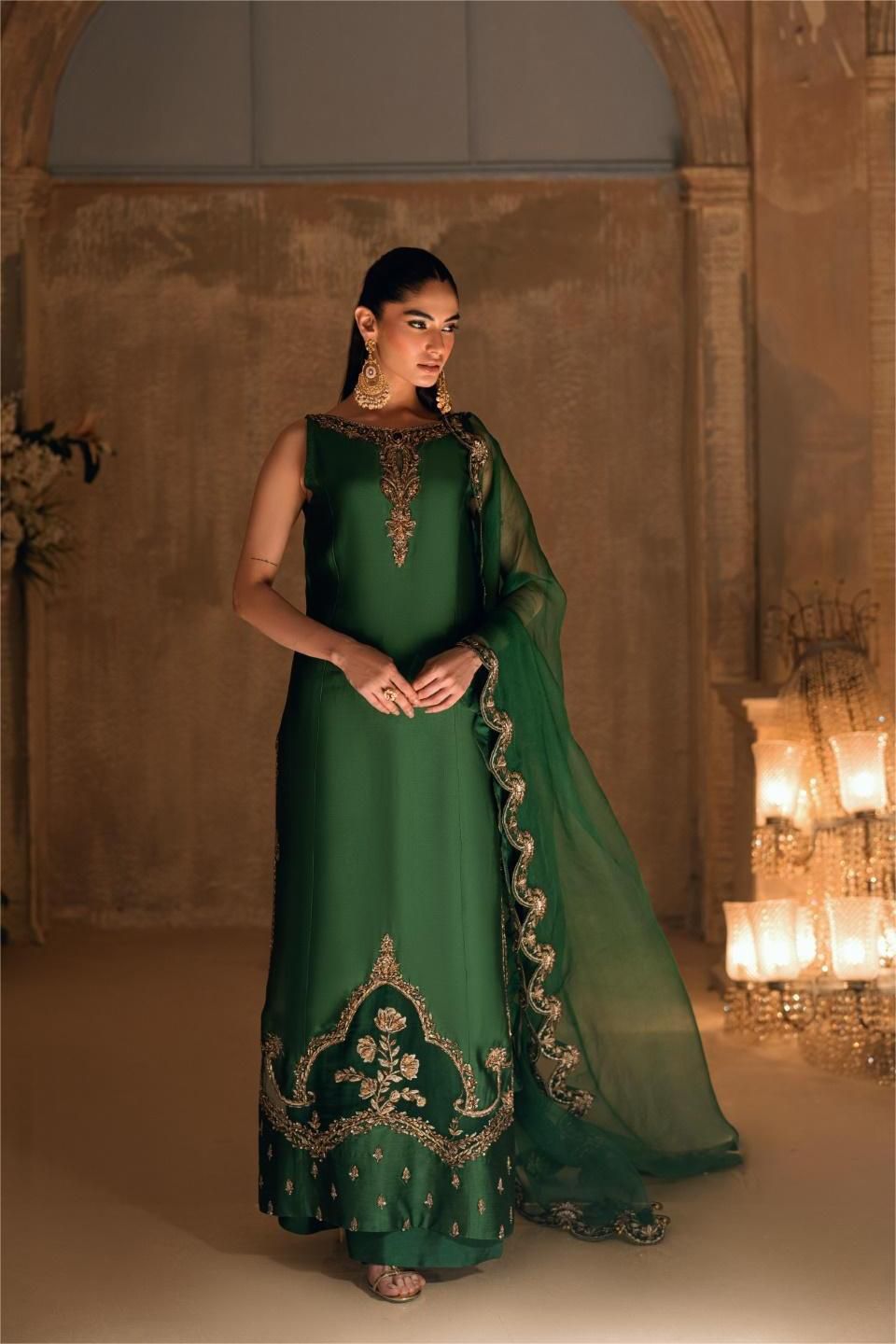 Wajahat Mansoor Inspired | Majestic Green Sheesha Silk Suit
