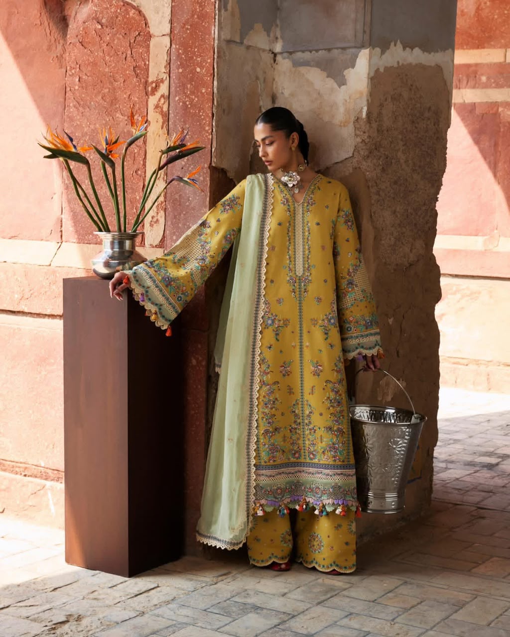 Hussain Rehar Yellow Premium Unstitched Luxury Lawn 3pc Suit