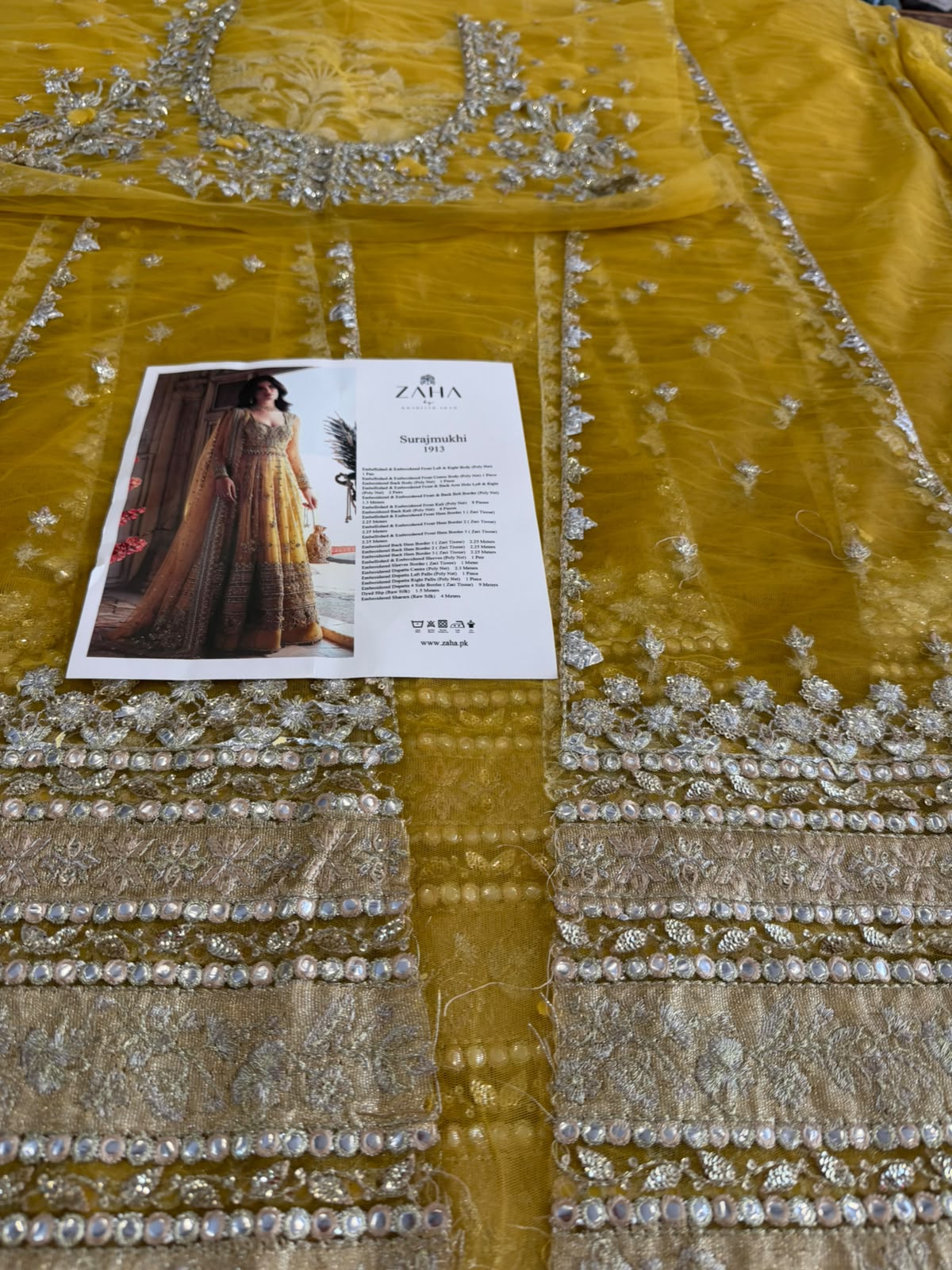 Zaha Wedding Edition Yellow Net Unstitched Surajmukhi Lehenga Suit