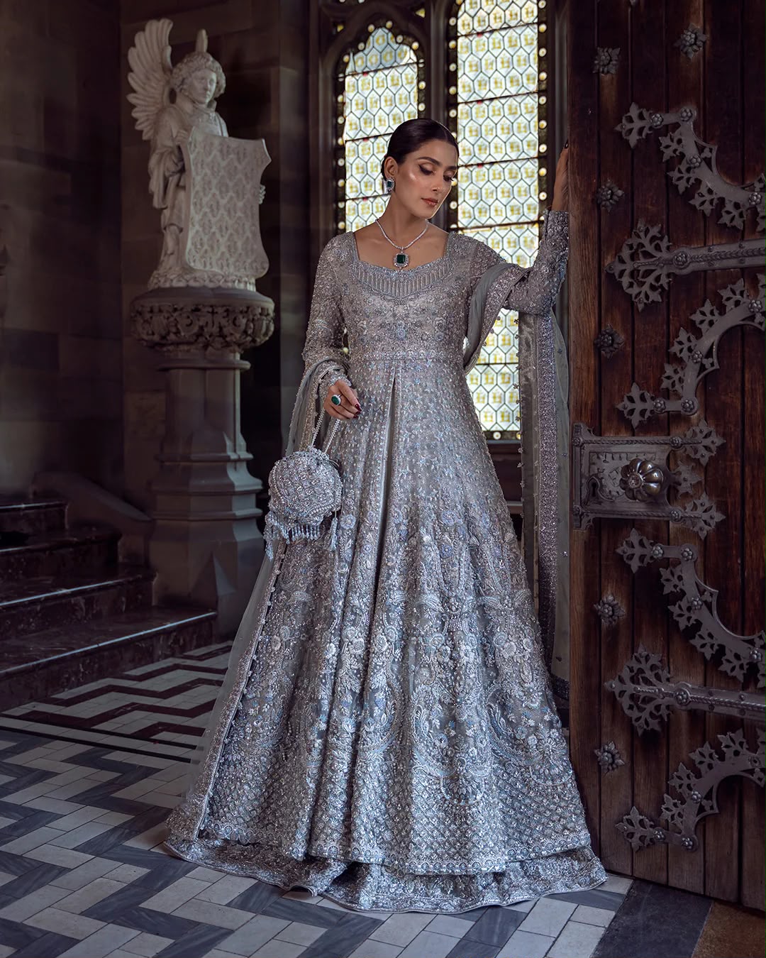 Inspired by Zain Hashmi Ice Blue Hand Embellished Net Bridal Gown Pishwas
