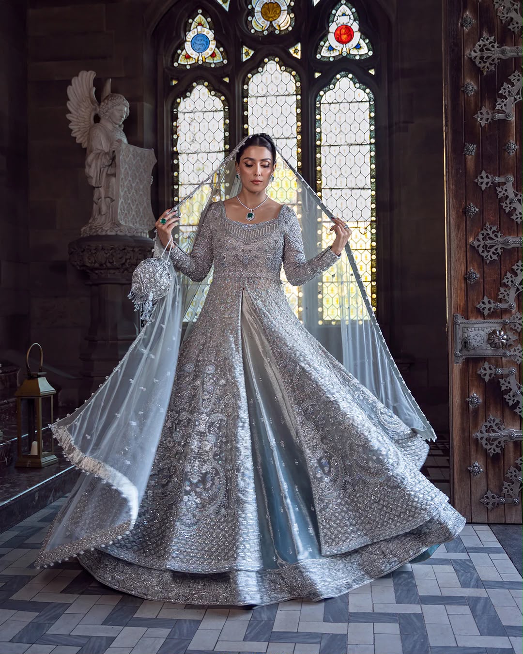 Inspired by Zain Hashmi Ice Blue Hand Embellished Net Bridal Gown Pishwas